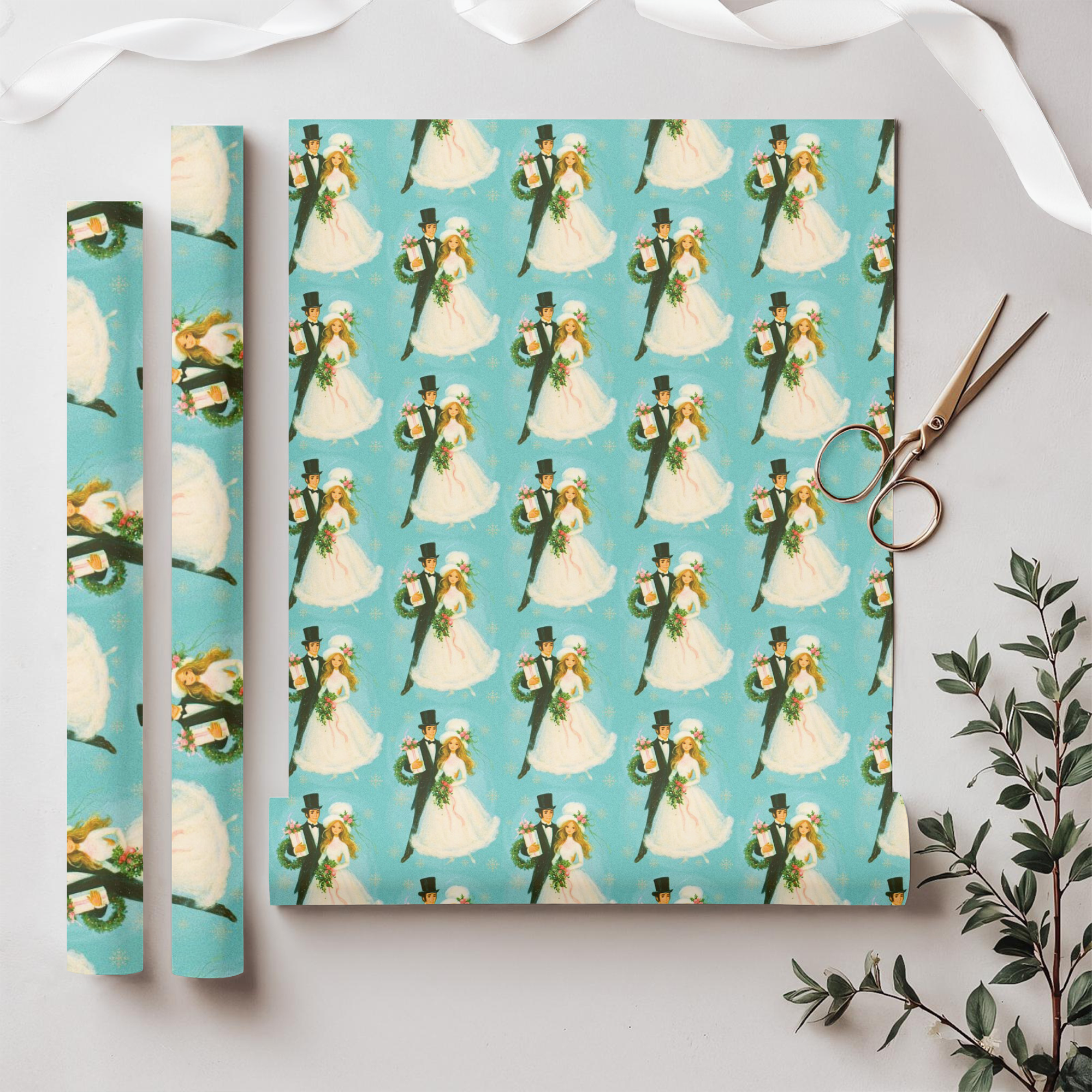 1960s inspirited wrapping paper featuring a retro bride and groom in winter wedding wear on a turquoise background