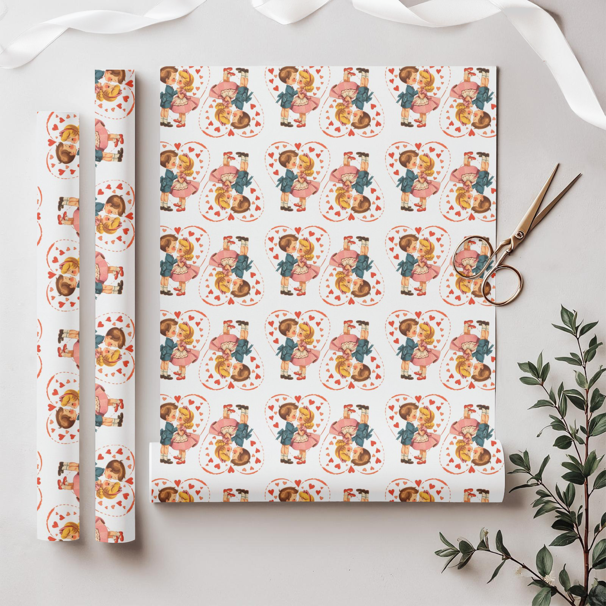 vintage valentine wrapping paper with retro boy and girl surrounded by hearts
