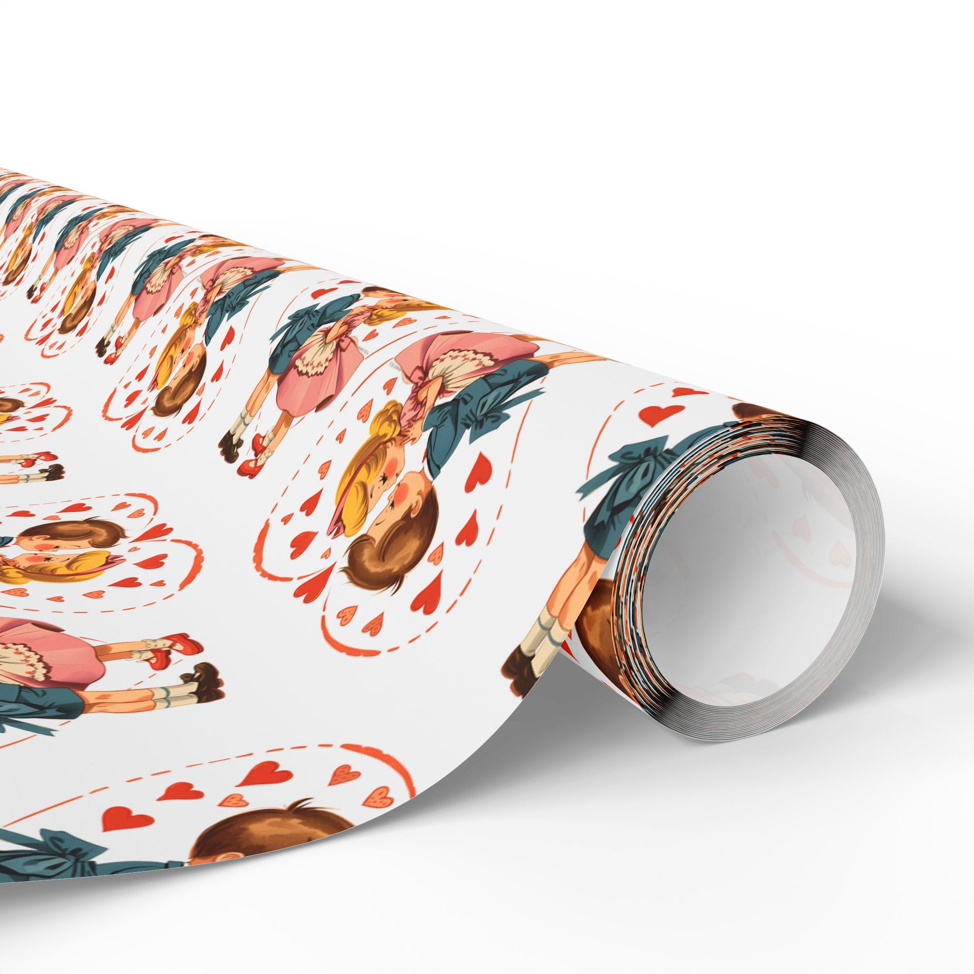 vintage valentine wrapping paper roll with retro boy and girl surrounded by hearts