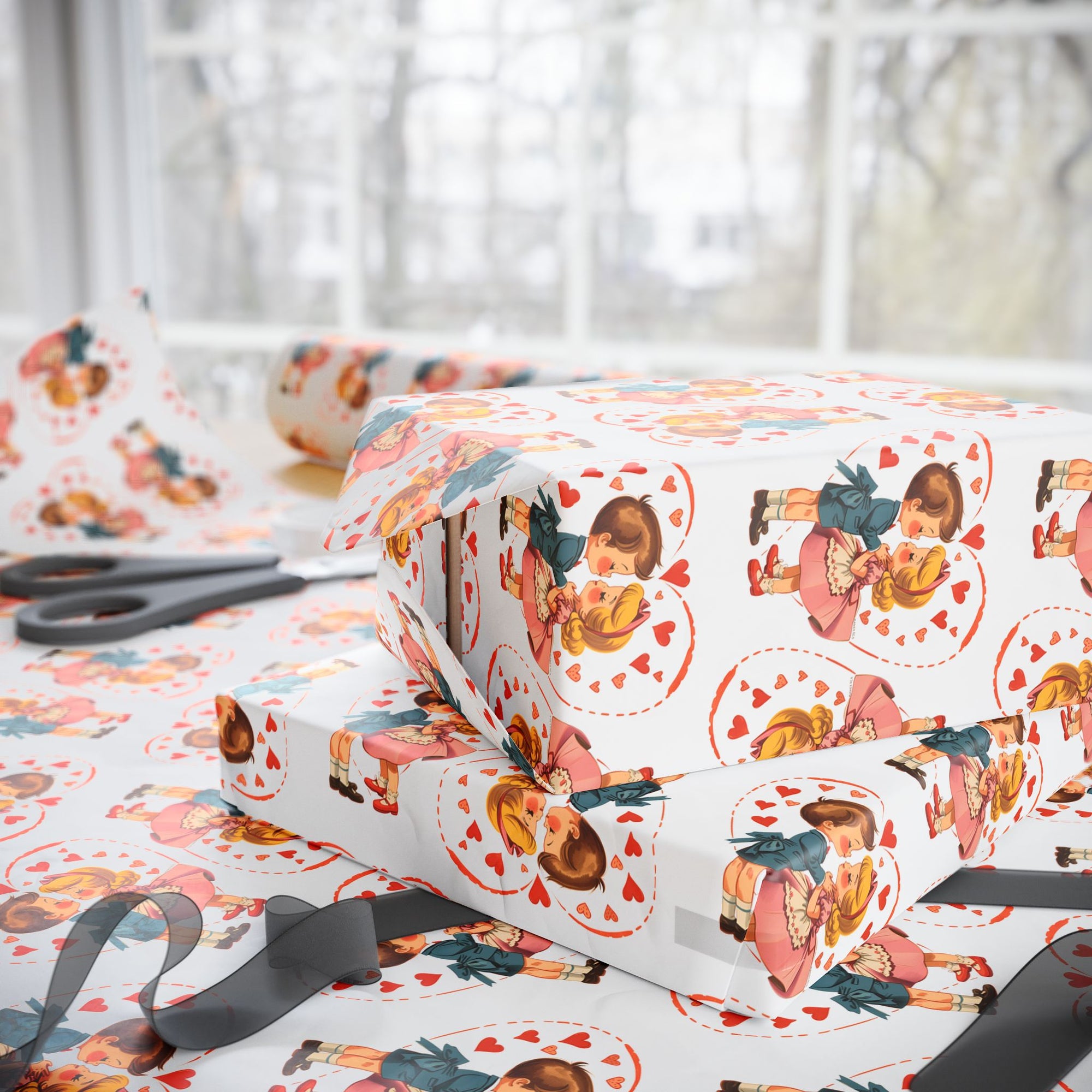 vintage valentine wrapping paper with retro boy and girl surrounded by hearts