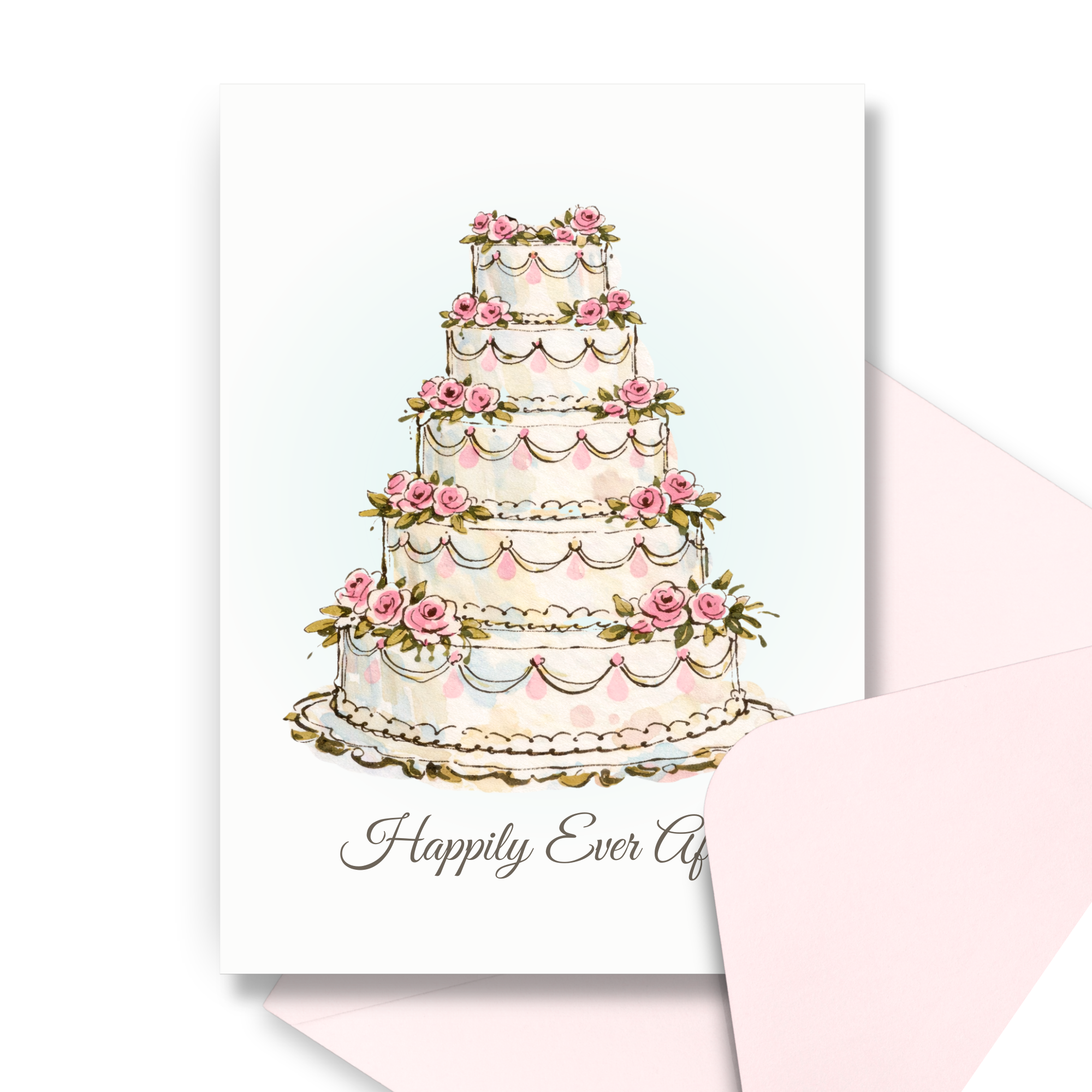 Card with a four-tier wedding cake illustration and 'Happily Ever After' text on a white background, with a corresponding pink envelope.