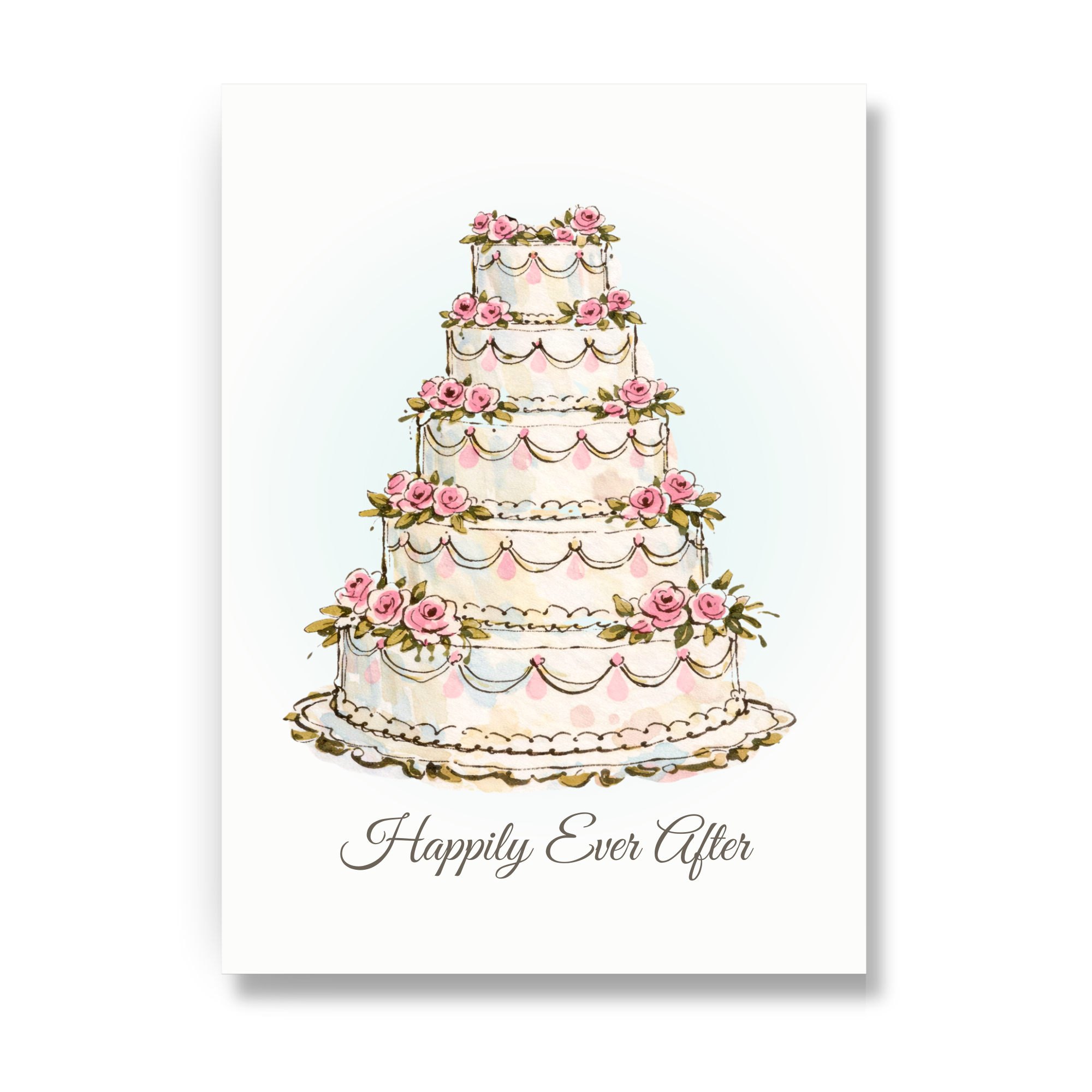 Vintage wedding cake congratulations card with tiered cake decorated with pink roses and happily ever after message.