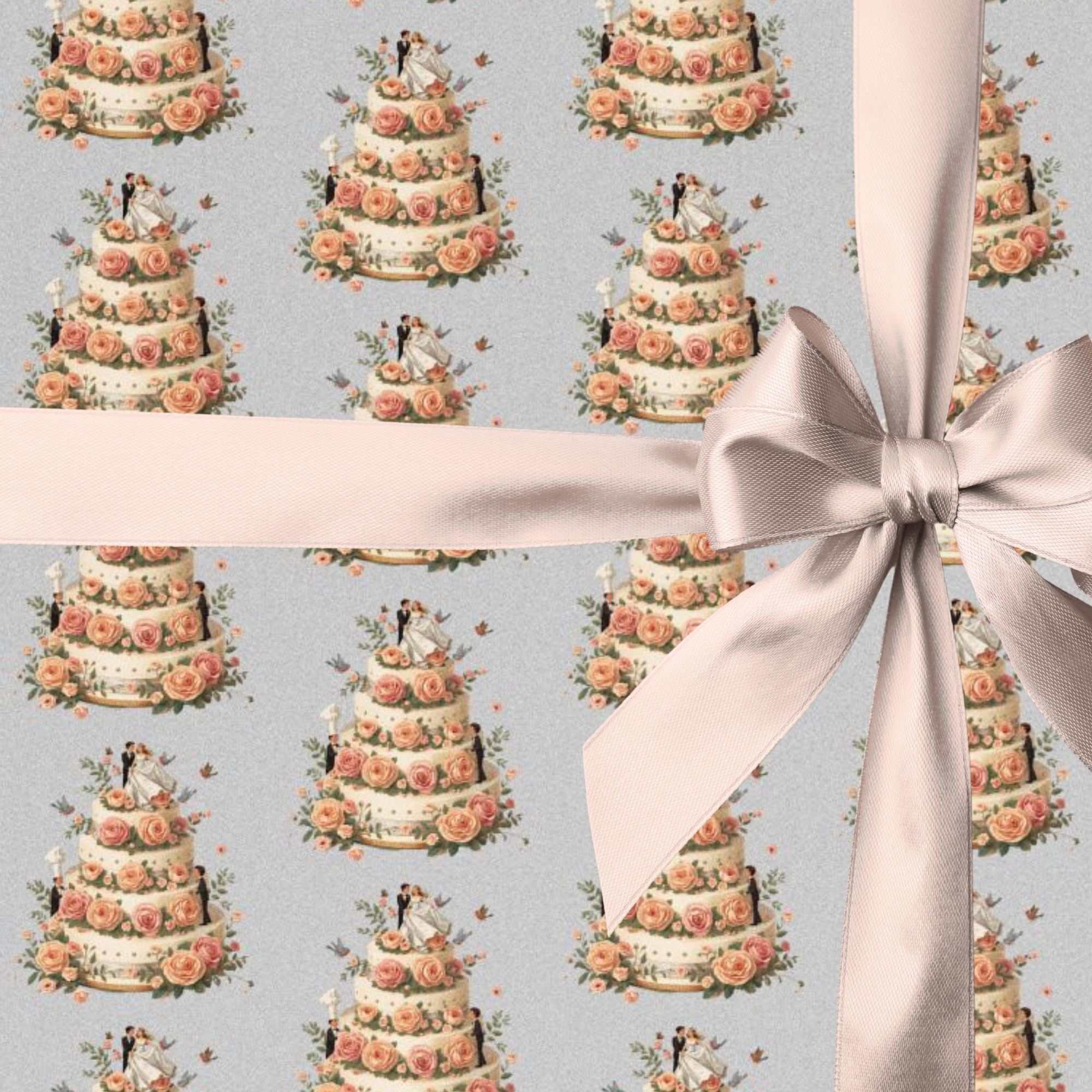 Gift wrap with wedding cake design and a ribbon on a light blue background