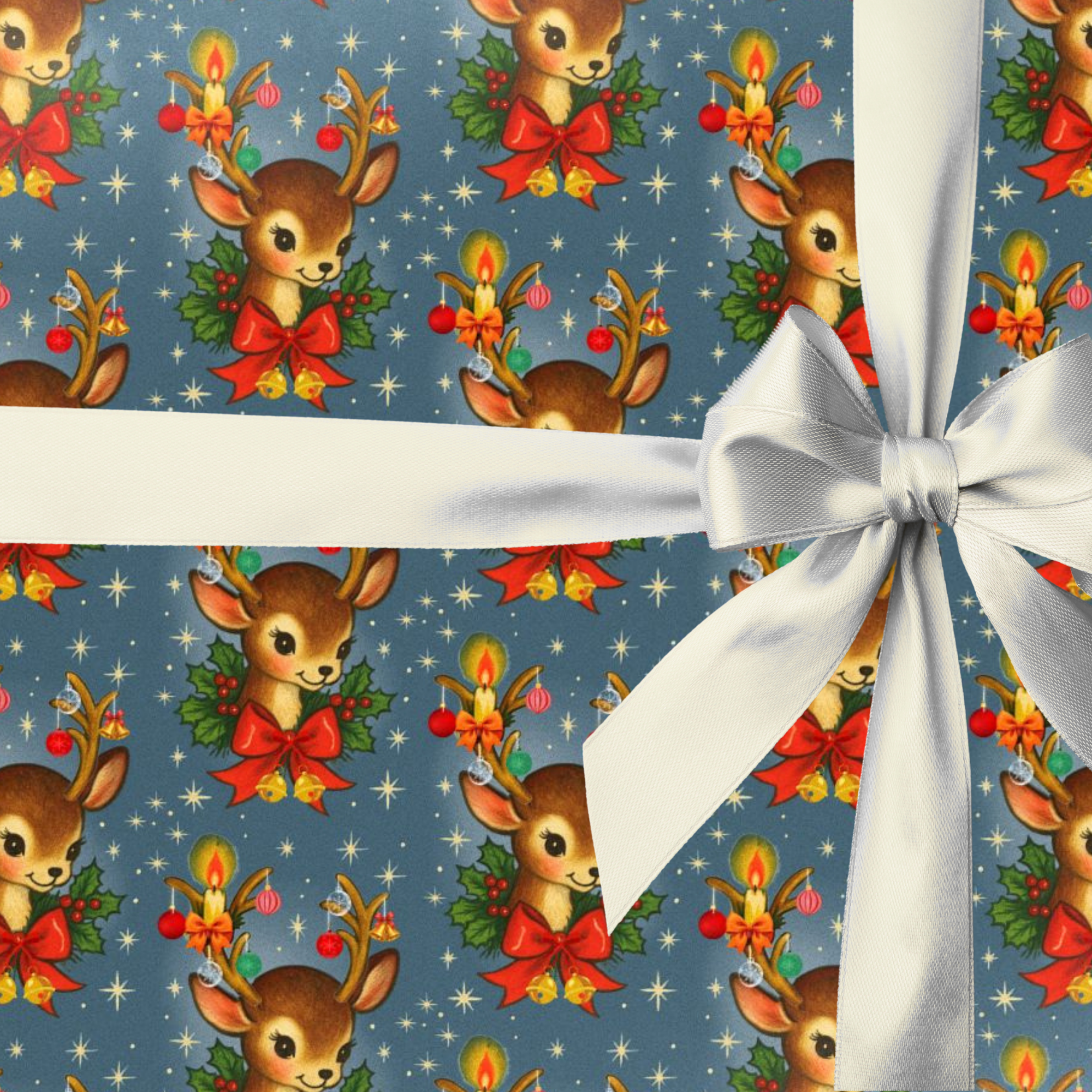 Vintage retro reindeer Christmas wrapping paper featuring ornaments, a candle and bells on a navy background.