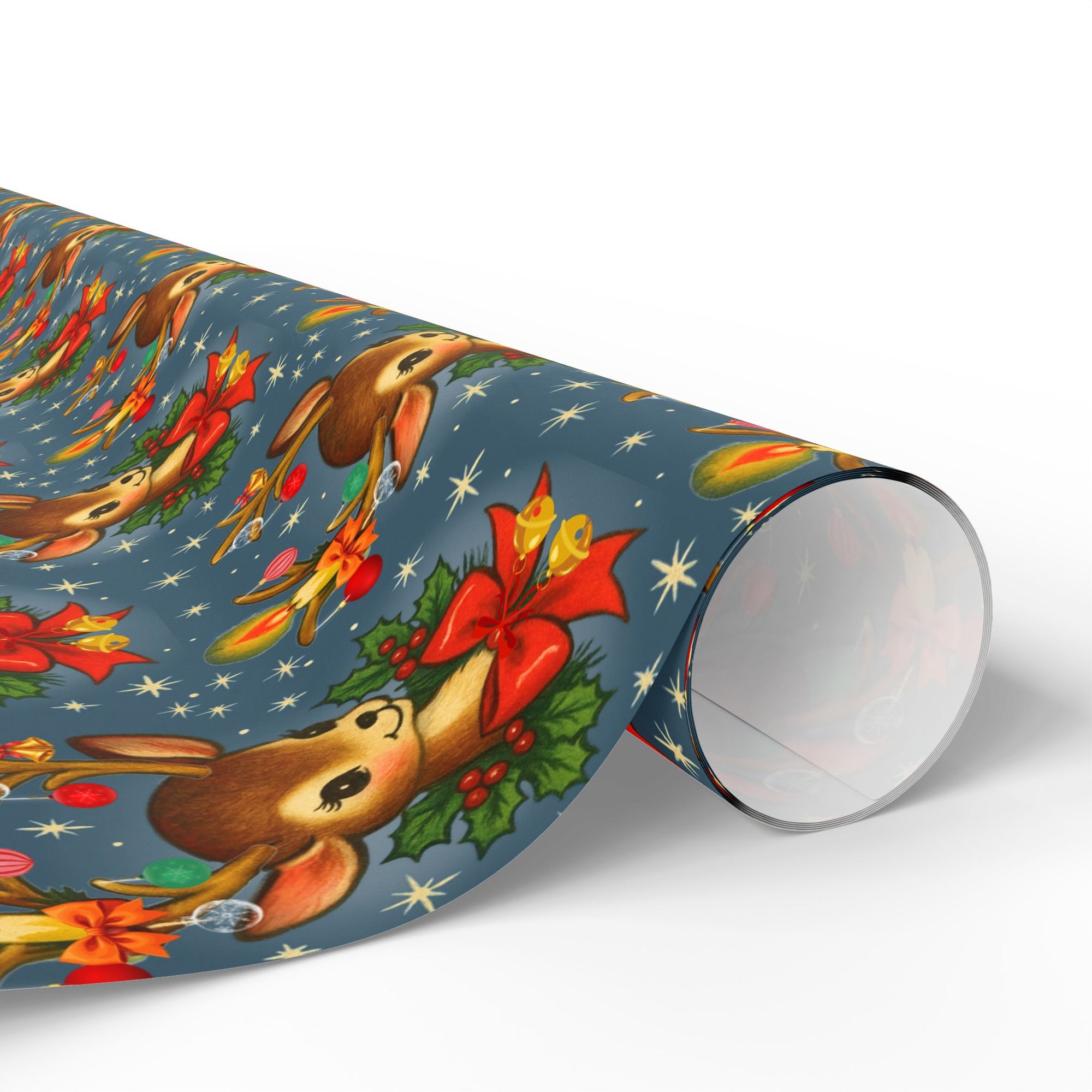 Vintage retro reindeer Christmas wrapping paper featuring ornaments, a candle and bells on a navy background.