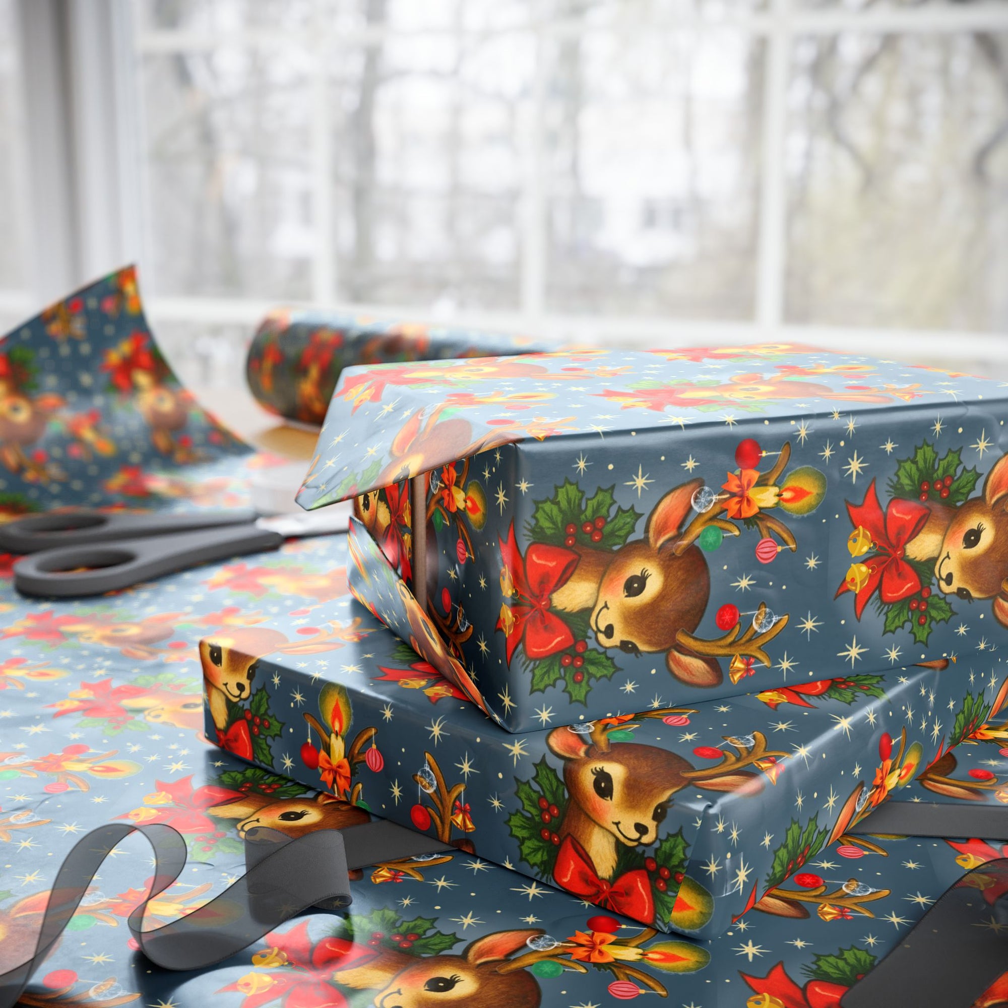 Vintage retro reindeer Christmas wrapping paper featuring ornaments, a candle and bells on a navy background.