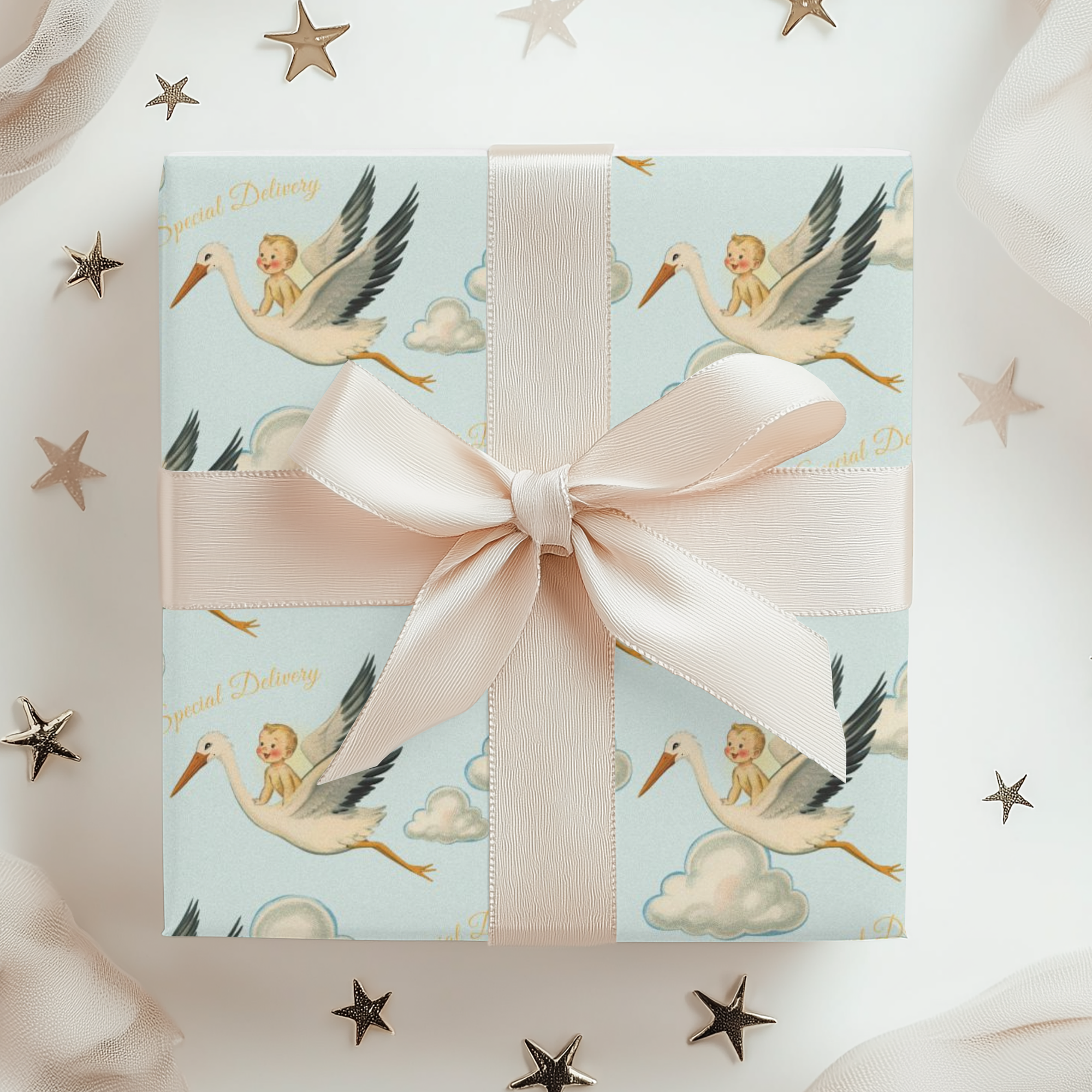 Gift box with stork and baby design and pink ribbon on a white background