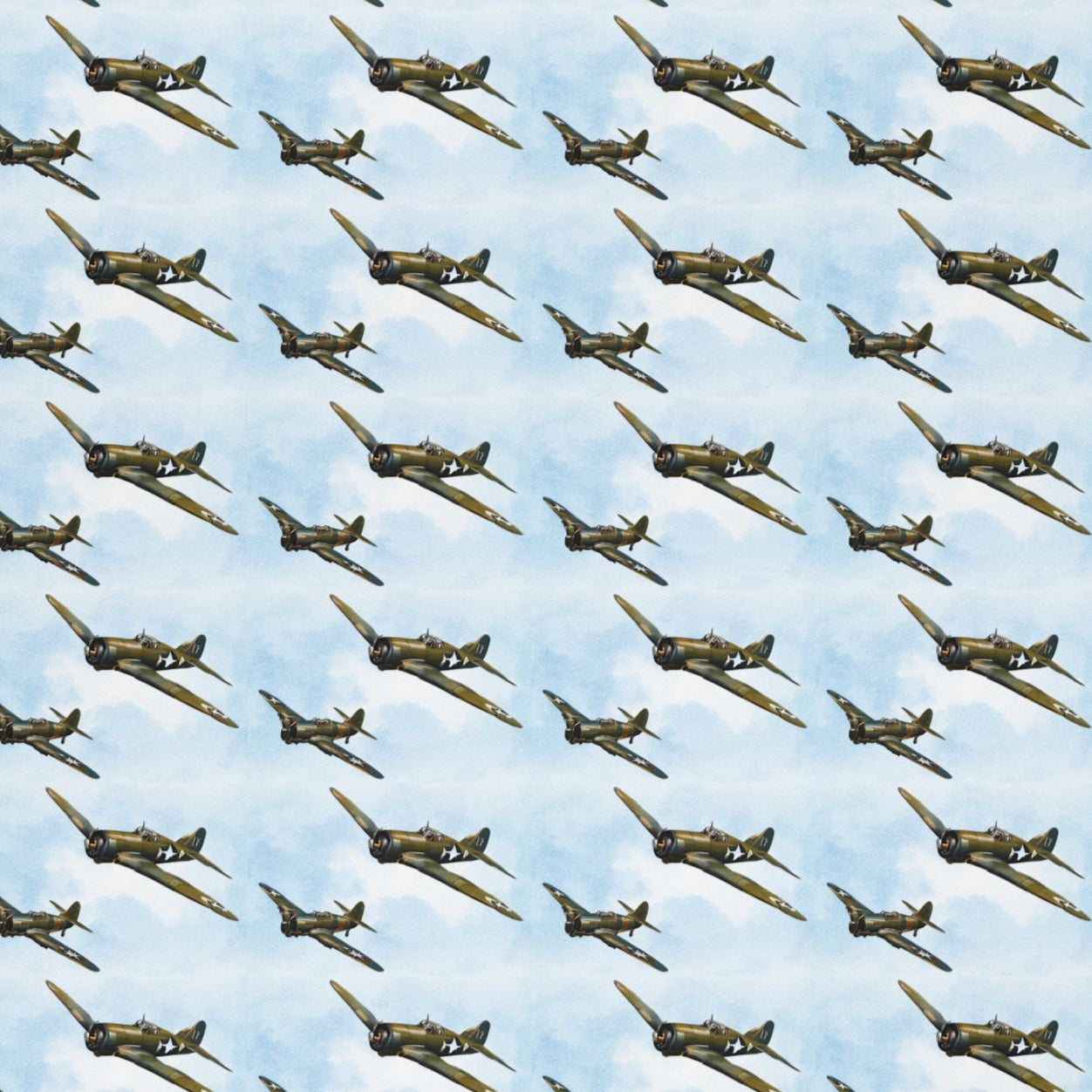 Vintage aviation wrapping paper with World War II fighter planes soaring in formation across a soft sky.