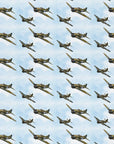 Vintage aviation wrapping paper with World War II fighter planes soaring in formation across a soft sky.