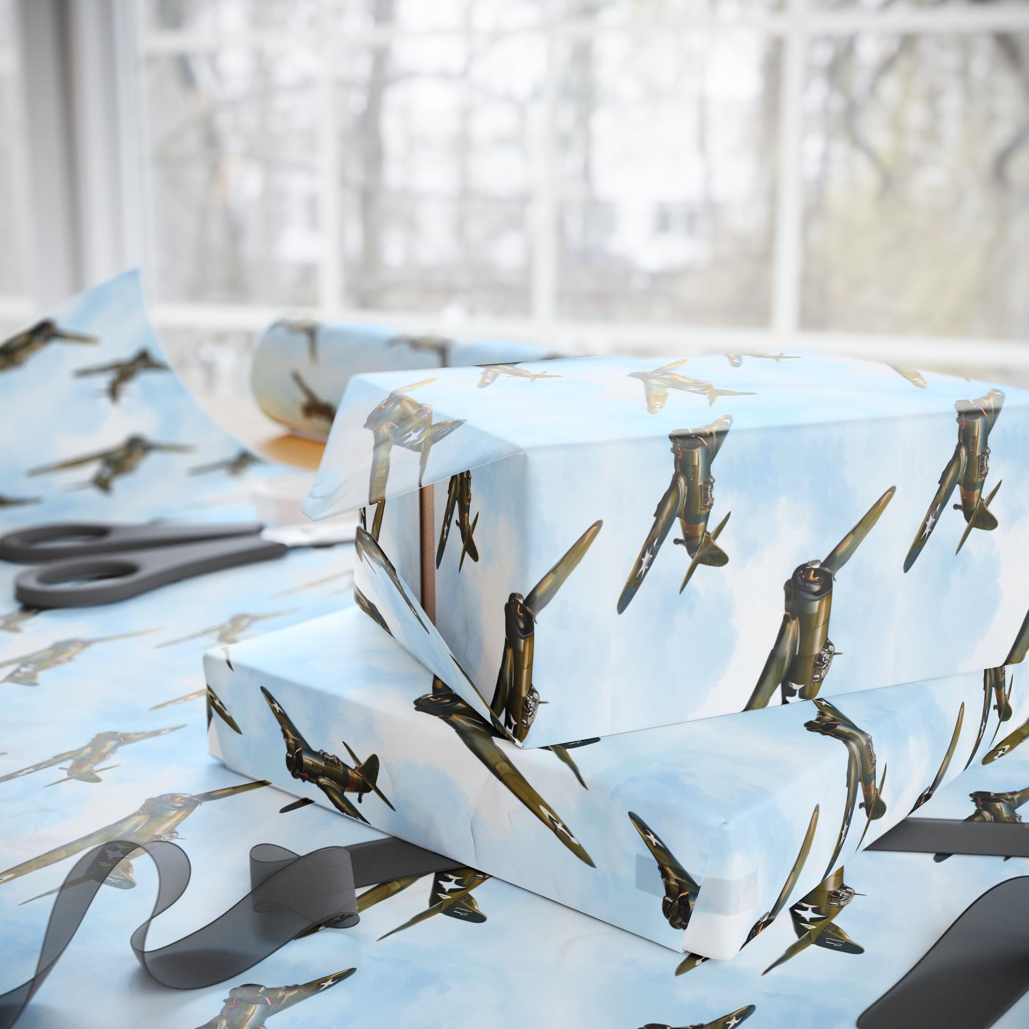 Vintage aviation wrapping paper with World War II fighter planes soaring in formation across a soft sky