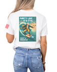 back image of white tshirt with a graphic design of George washington surfing on a white tee with a betsy ross flag on the arm with the words "party like its 1776 gulf of america"