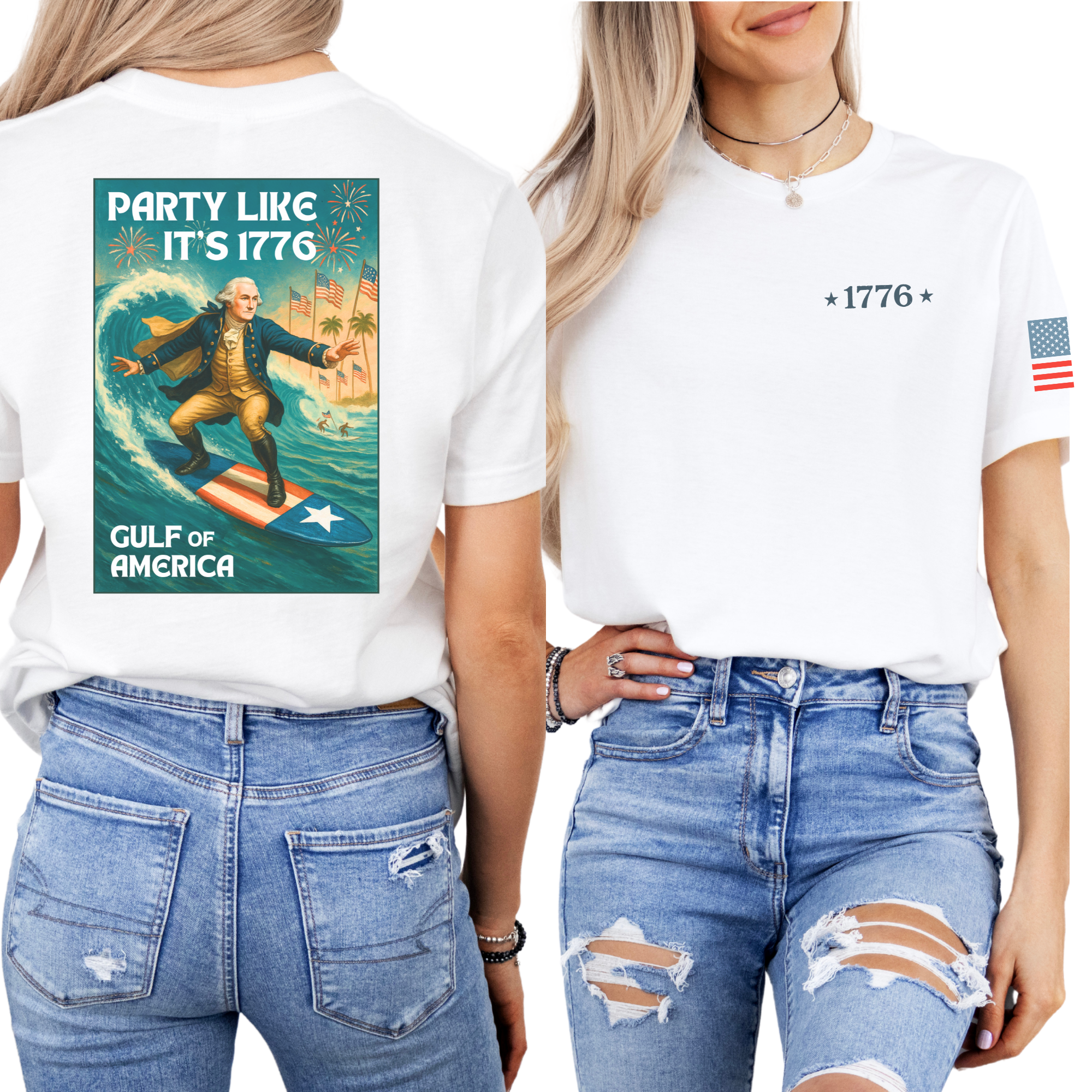 front and back image of white tshirt with a graphic design of George washington surfing on a white tee