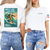 front and back image of white tshirt with a graphic design of George washington surfing on a white tee