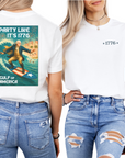 front and back image of white tshirt with a graphic design of George washington surfing on a white tee
