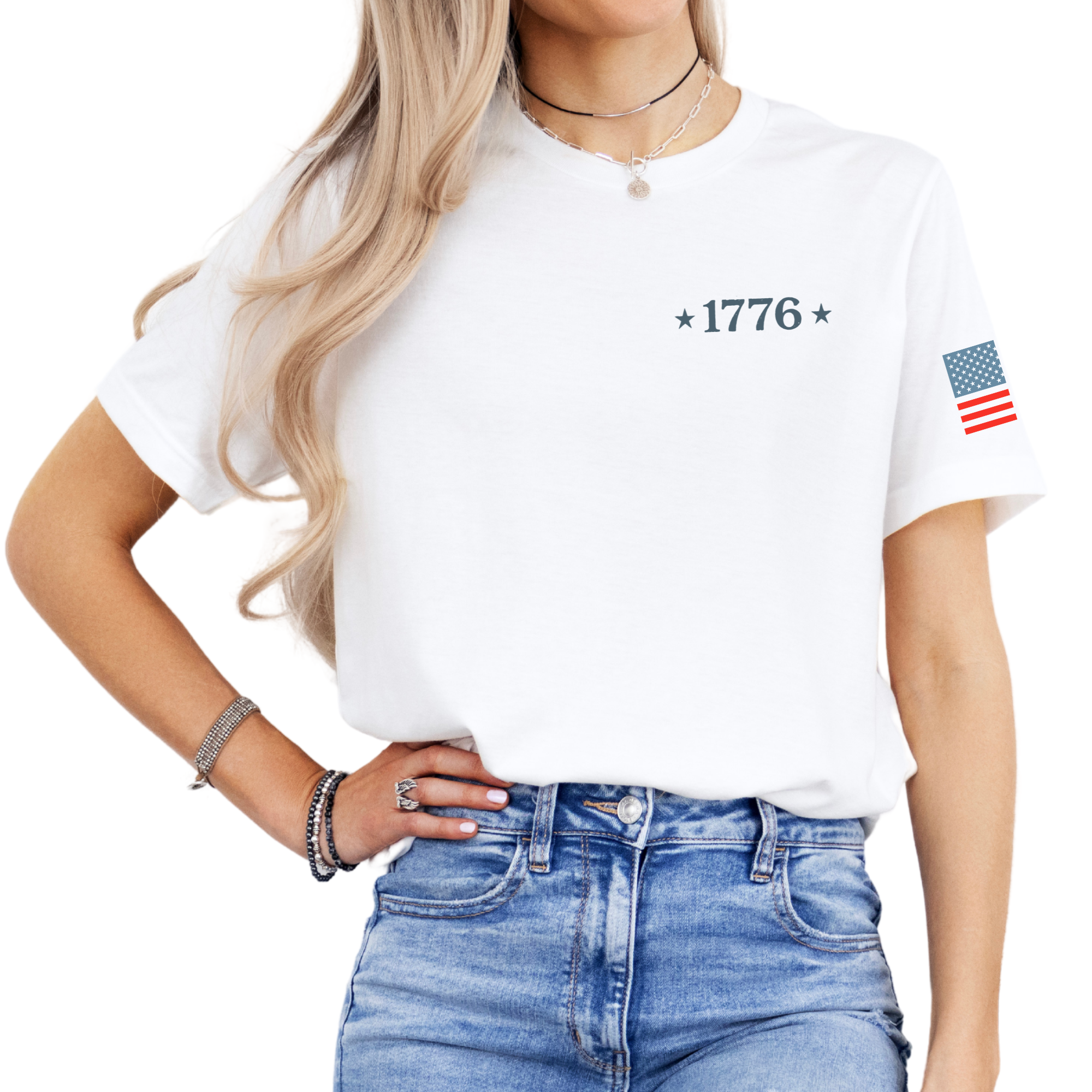 front image of white tshirt with a 1776 and two stars along with a betsy ross flag on the arm