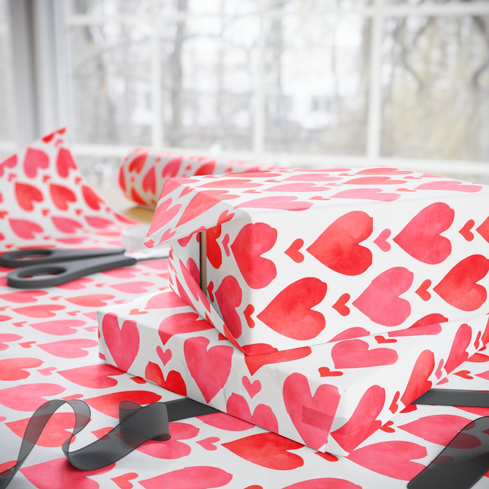 Watercolor pink and red hearts wrapping paper against a white background.