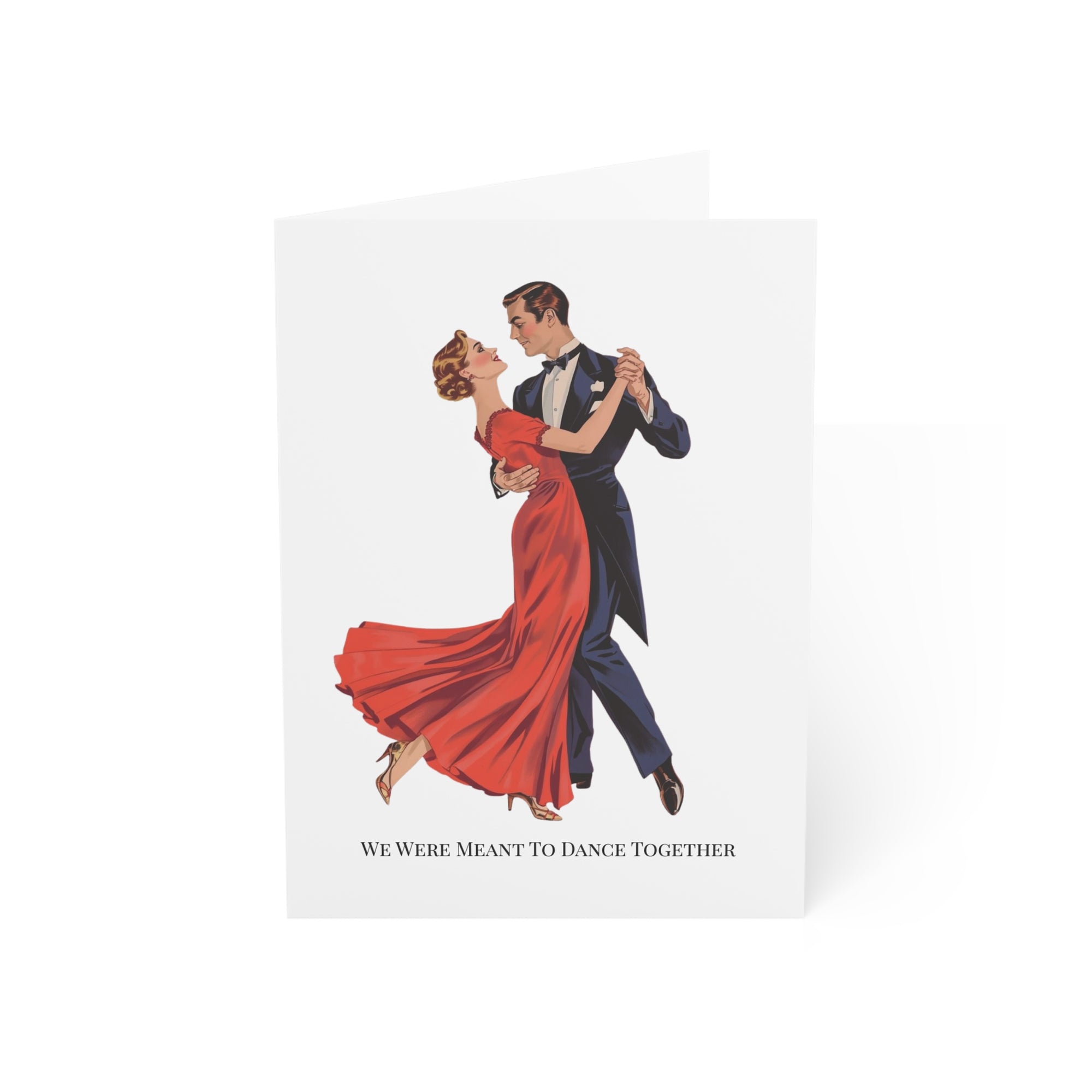 Illustration of a couple dancing with text 'We Were Meant To Dance Together' on a white background