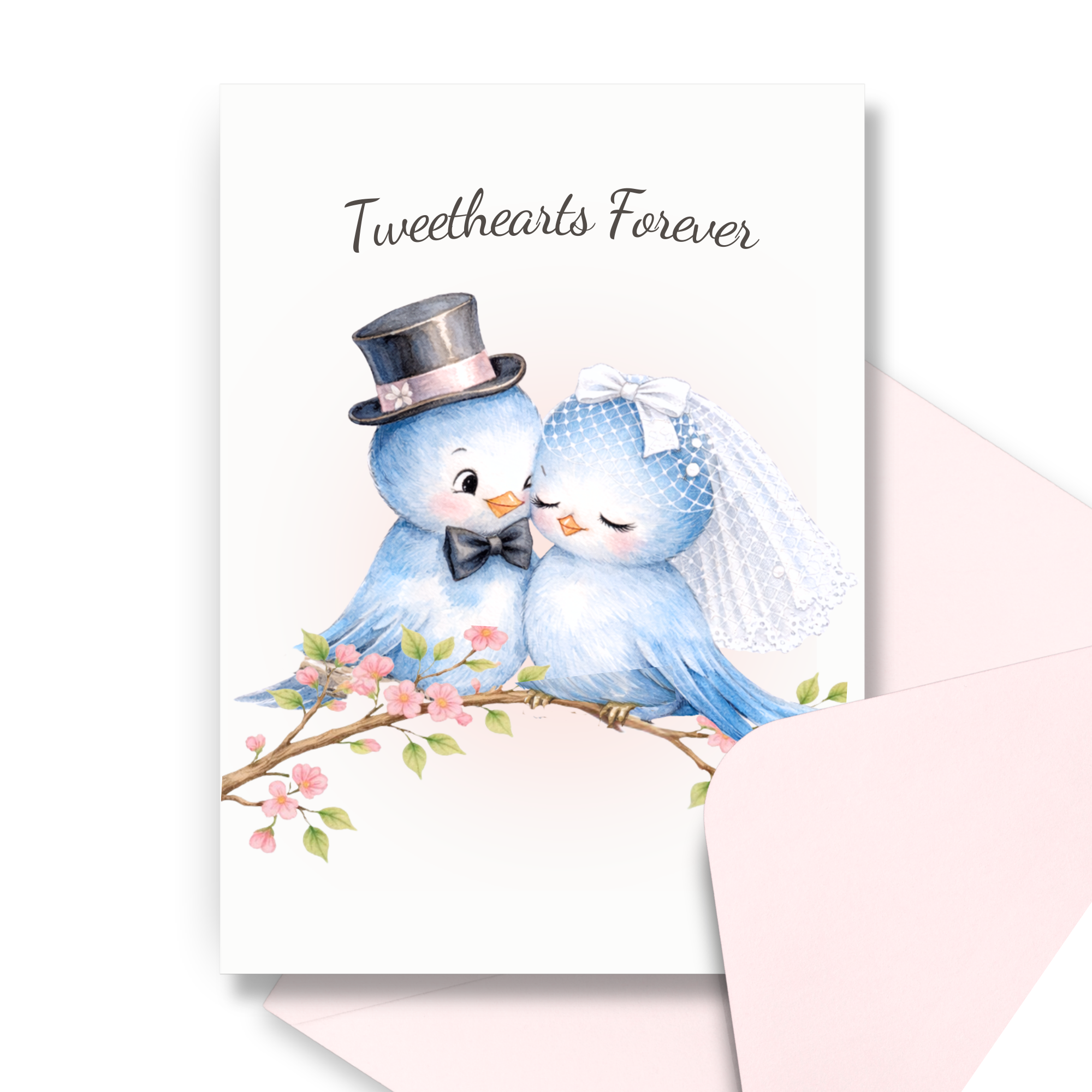 Wedding card with two bluebirds in wedding attire and 'Tweehearts Forever' text on a white background with a corresponding pink envelope.