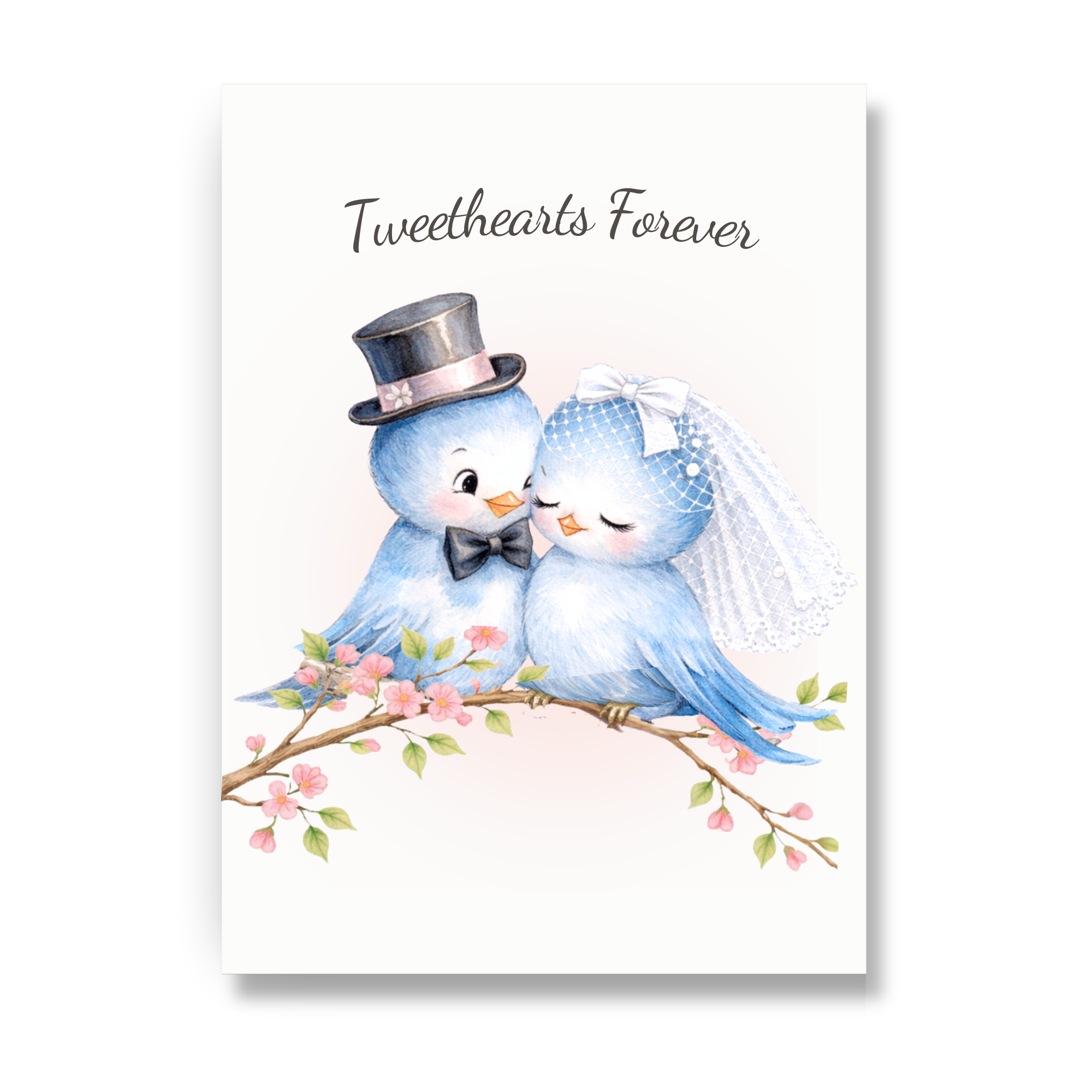 Greeting card Illustration of two bluebirds in wedding attire with 'Tweehearts Forever' text on a white background.
