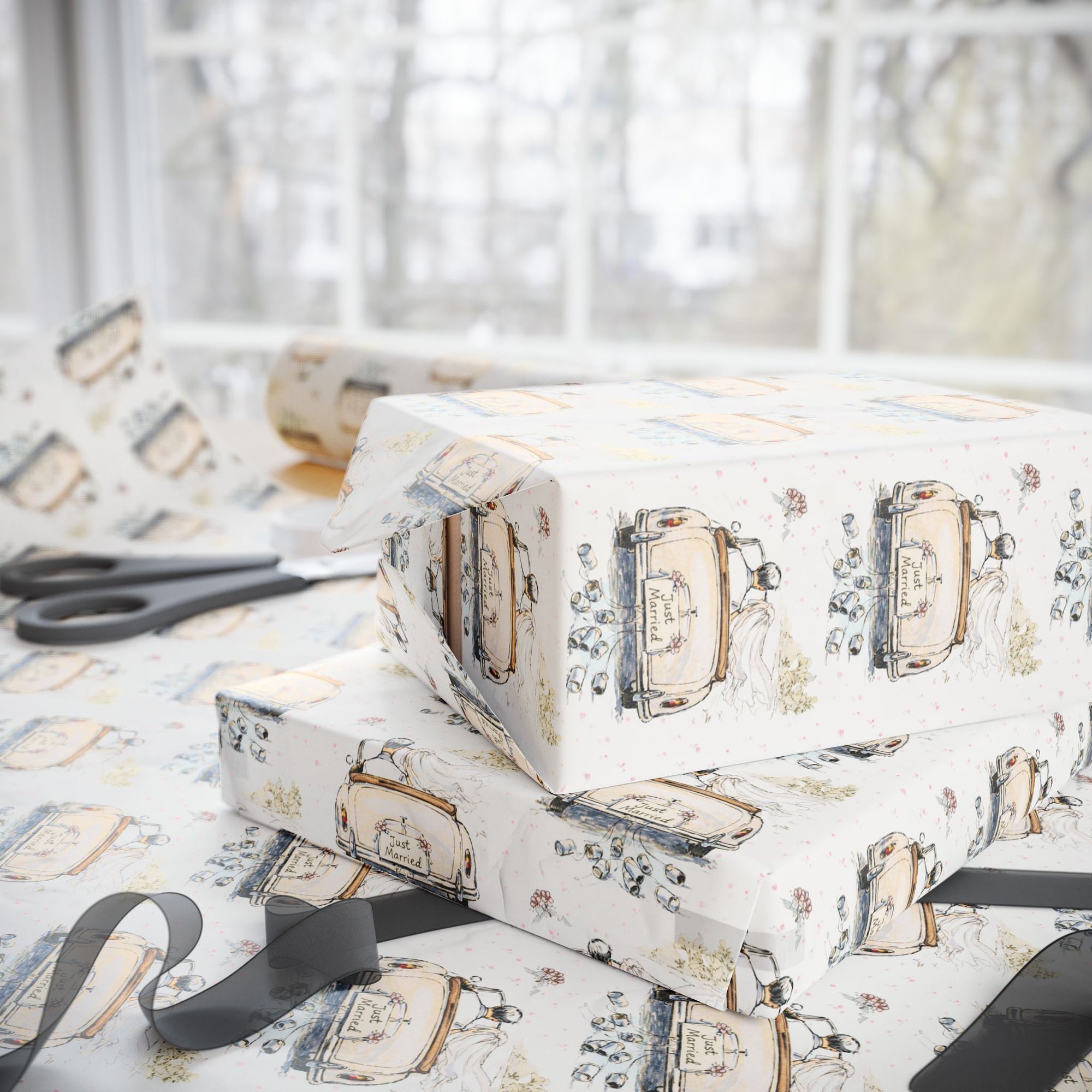 Newlywed gift wrap with classic wedding send off car illustration in soft neutral palette.