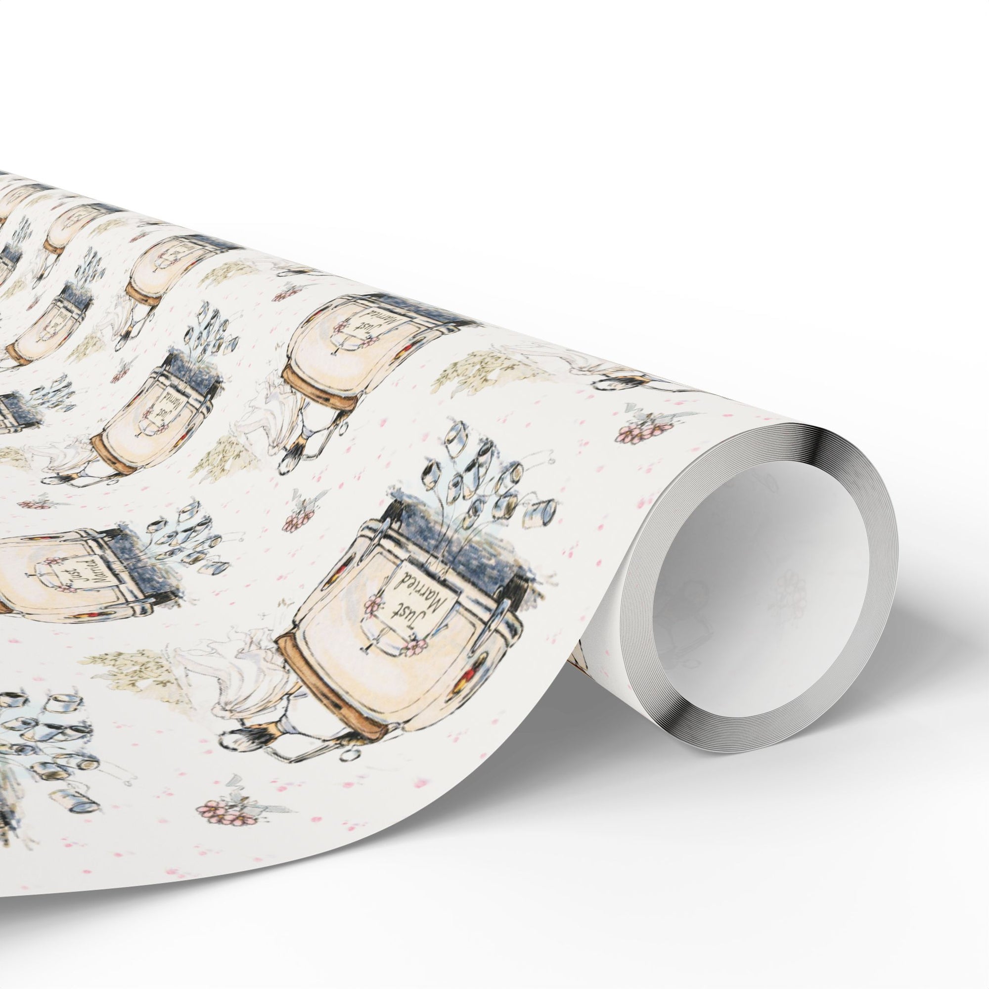 Bridal shower wrapping paper with elegant just married car pattern in blush tones.