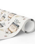Close-up detail of a watercolor bride and groom in a cream convertible with trailing tin cans on premium wedding wrapping paper.