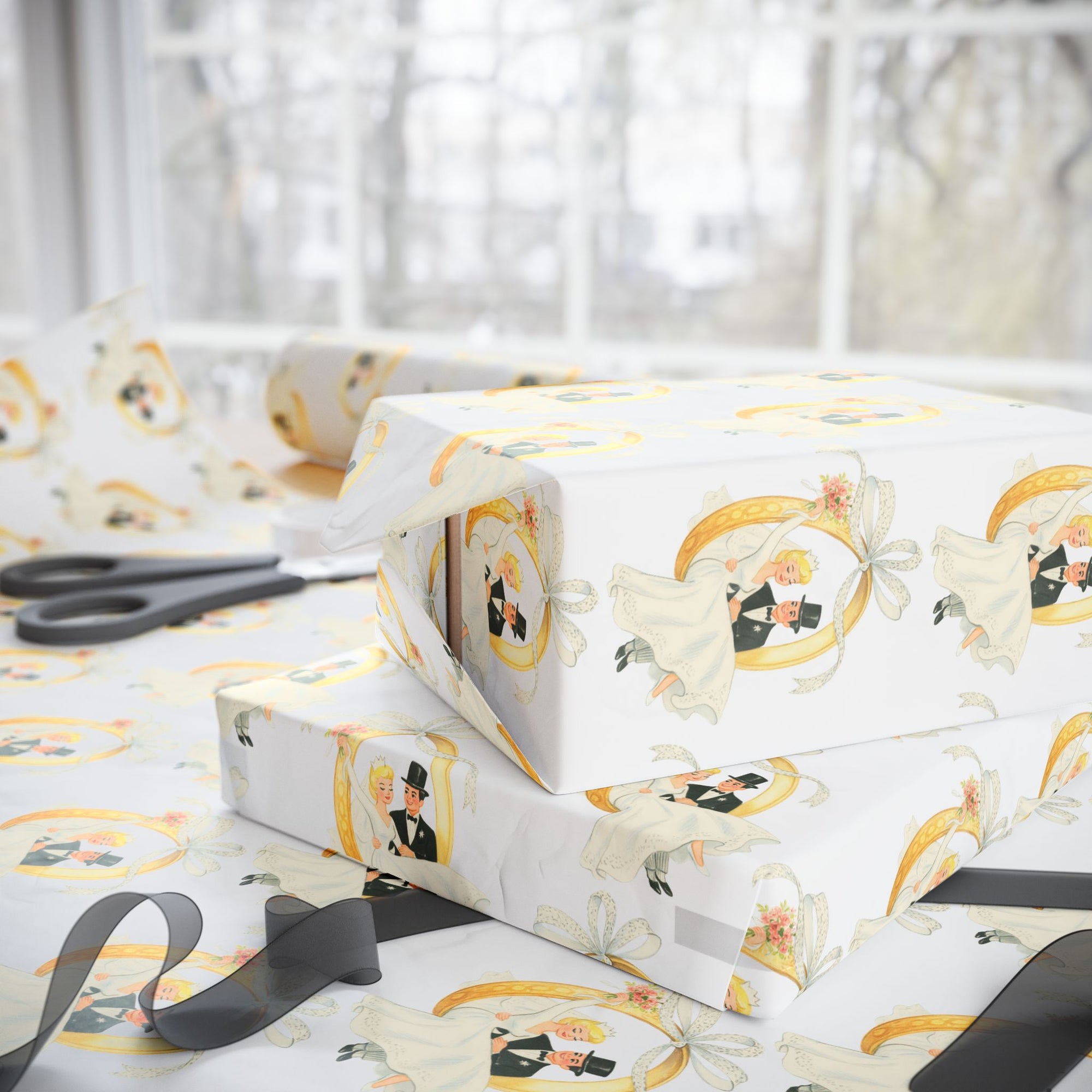 Vintage wedding wrapping paper featuring a retro bride and groom swinging on a golden wedding ring tied with a ribbon bow