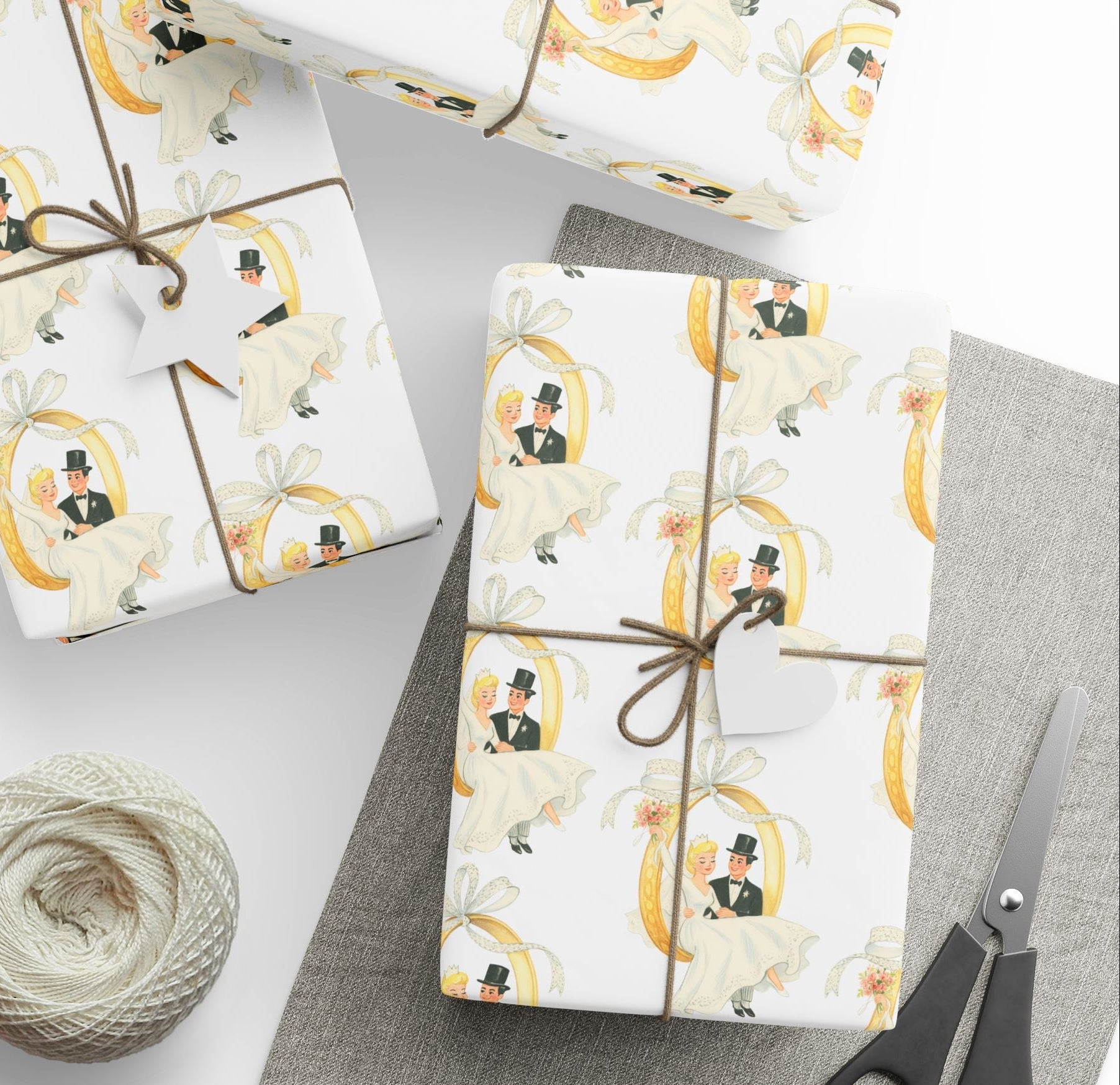 Vintage wedding wrapping paper featuring a retro bride and groom swinging on a golden wedding ring tied with a ribbon bow.