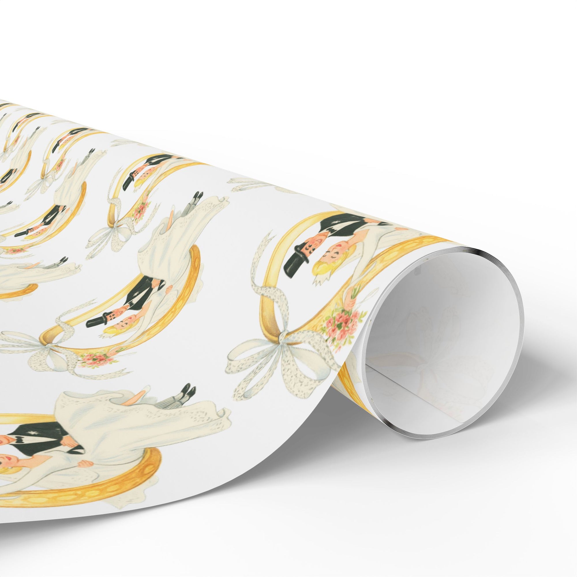 Vintage wedding wrapping paper roll featuring a retro bride and groom swinging on a golden wedding ring tied with a ribbon bow