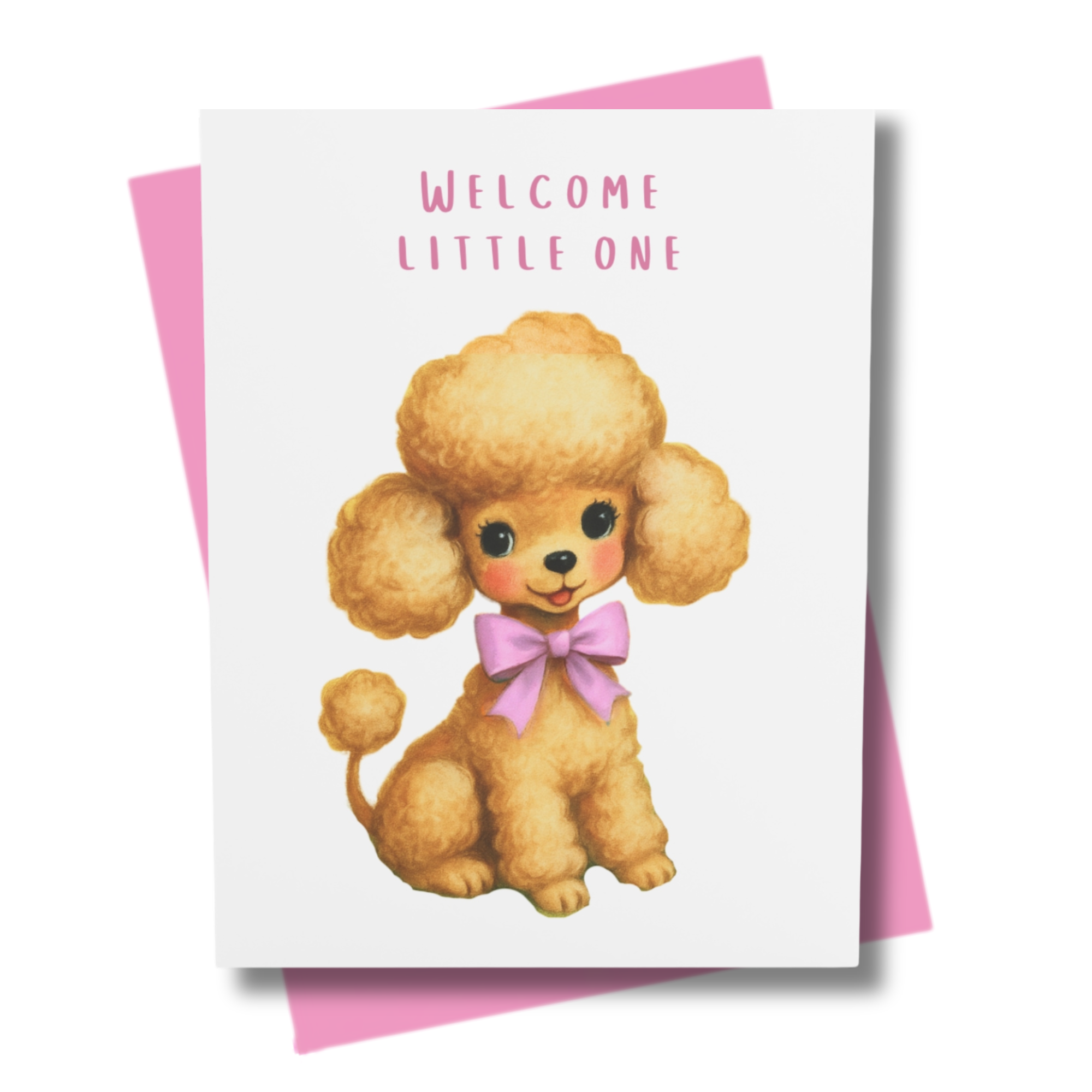 Greeting card with a vintage poodle and 'Welcome Little One' text on a pink envelope.