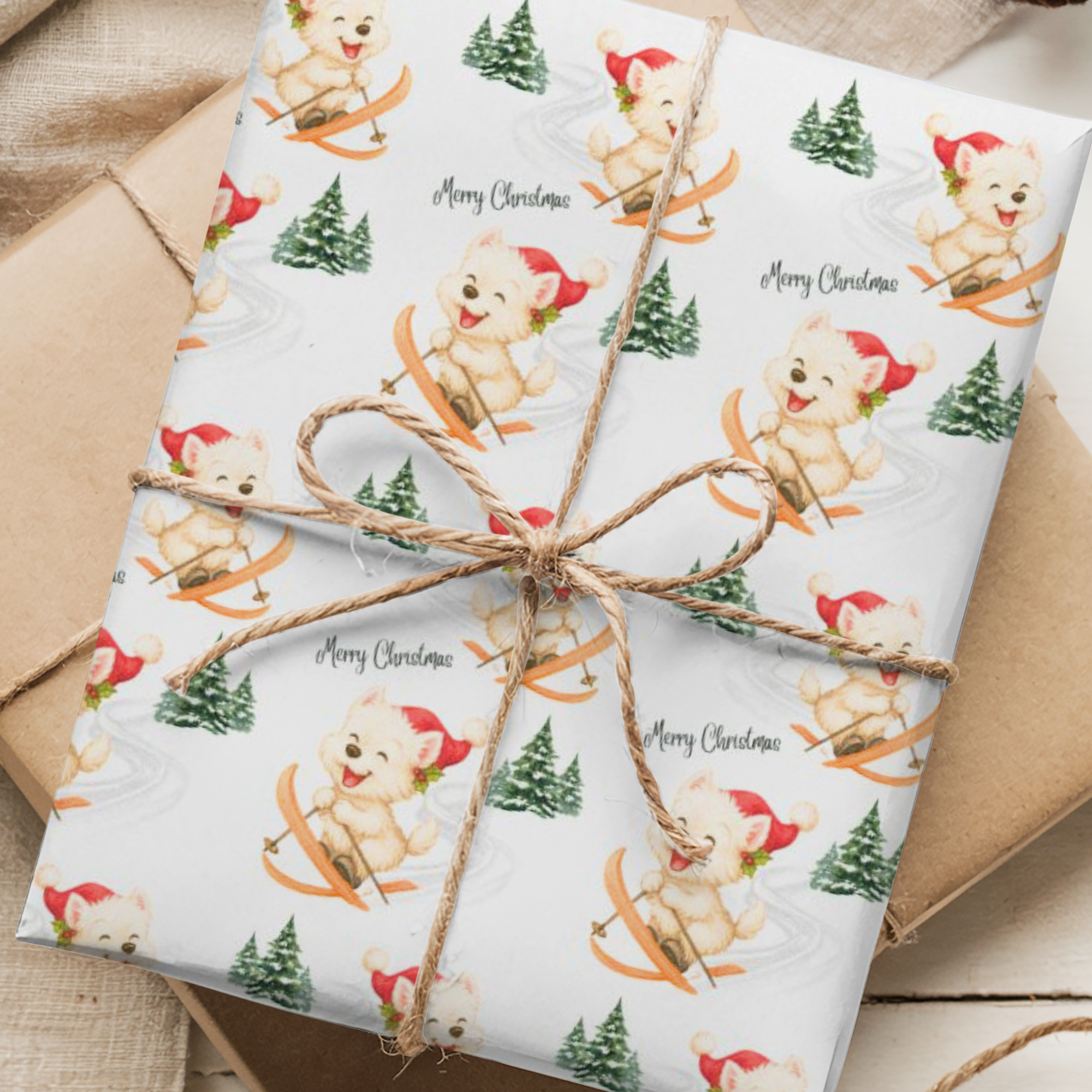 Christmas wrapping paper featuring a sweet westie dog in a santa hat skiing down alpine slopes, on a snowy background.