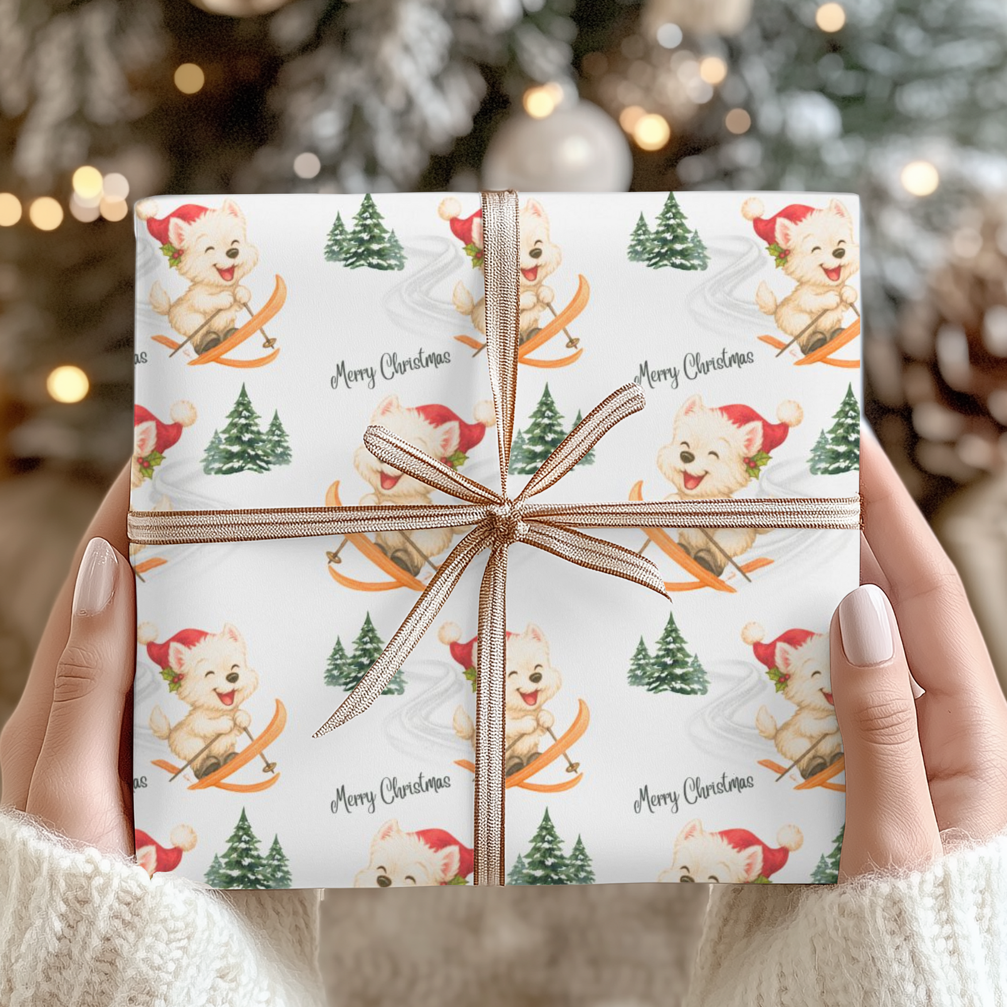 Christmas wrapping paper featuring a sweet westie dog in a santa hat skiing down alpine slopes, on a snowy background.
