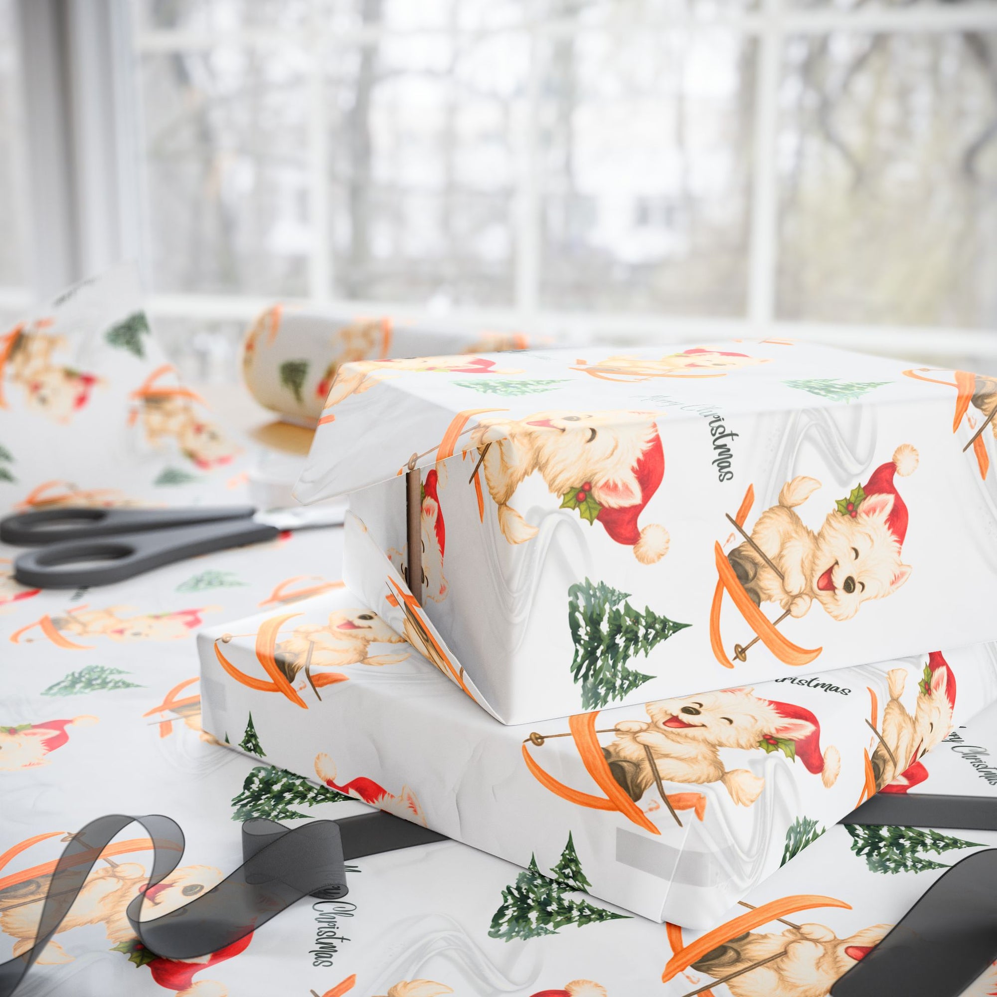 Christmas wrapping paper featuring a sweet westie dog in a santa hat skiing down alpine slopes, on a snowy background.