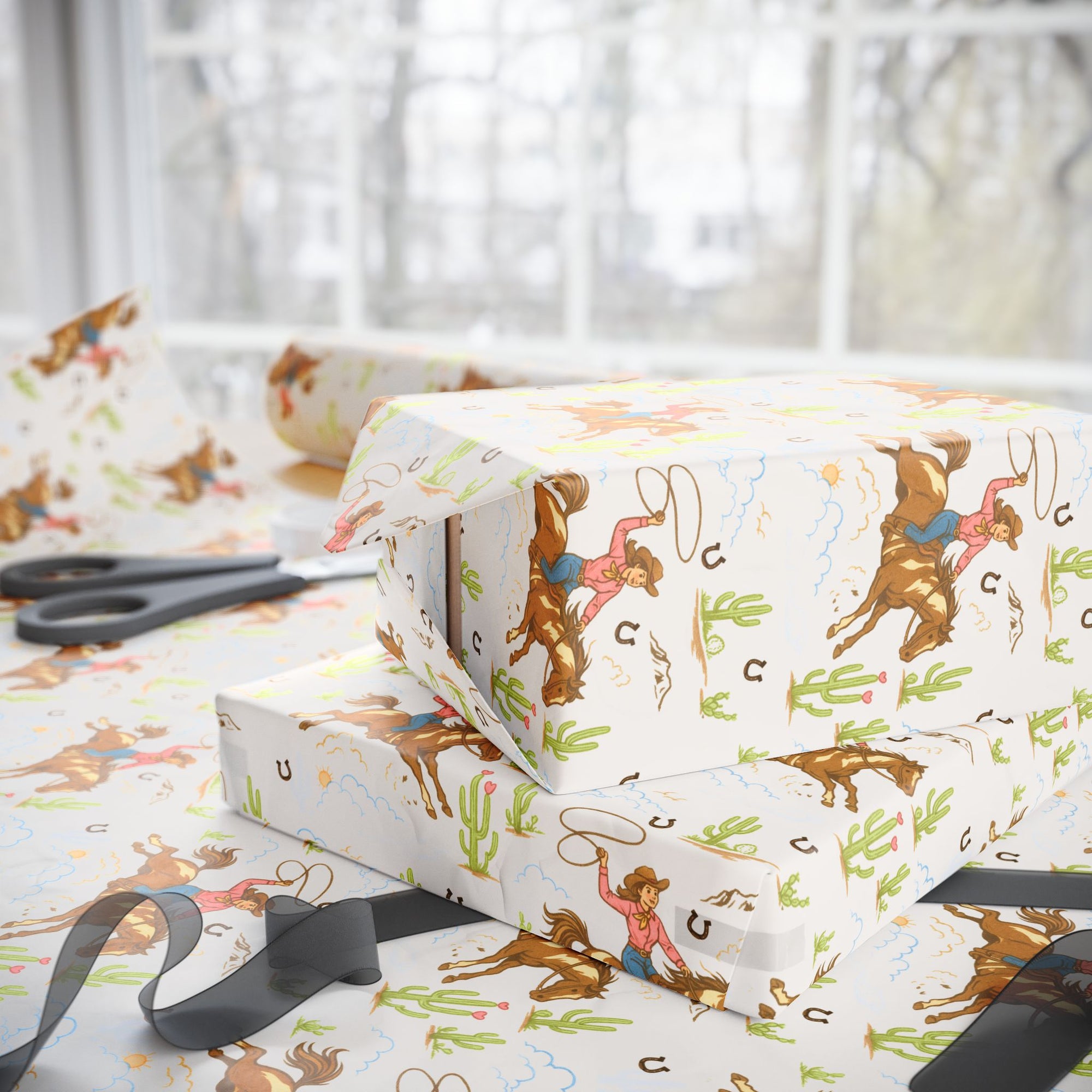  Vintage western cowgirl wrapping paper featuring retro rodeo scenes with lassos and cacti 