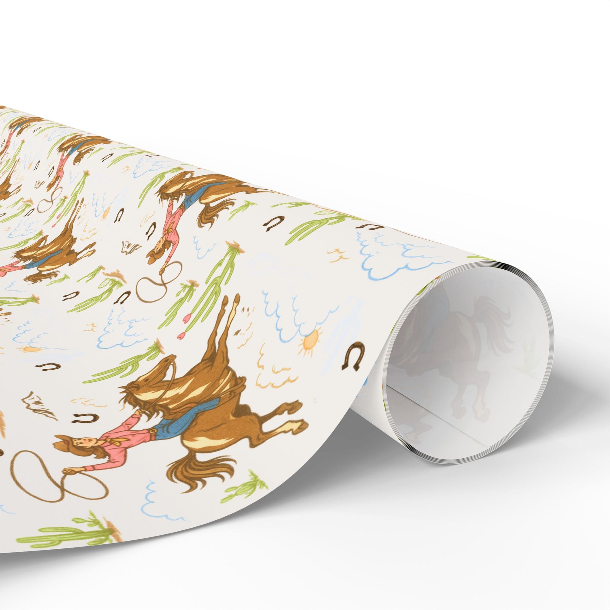  Vintage western cowgirl wrapping paper featuring retro rodeo scenes with lassos and cacti 
