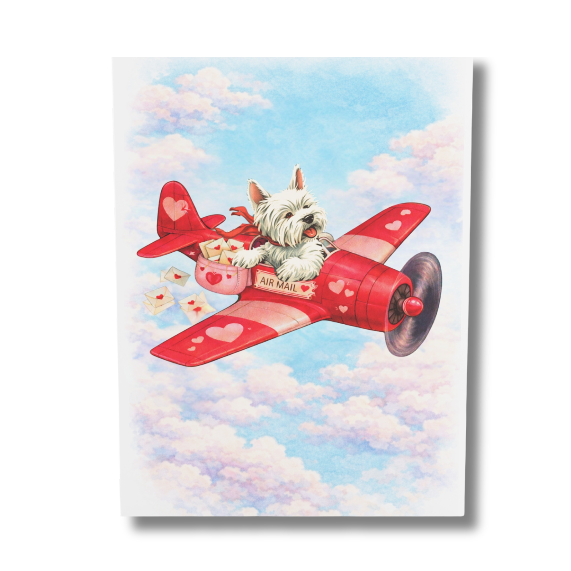 Greeting Card featuring a westie dog in a red airplane with hearts against a blue sky.