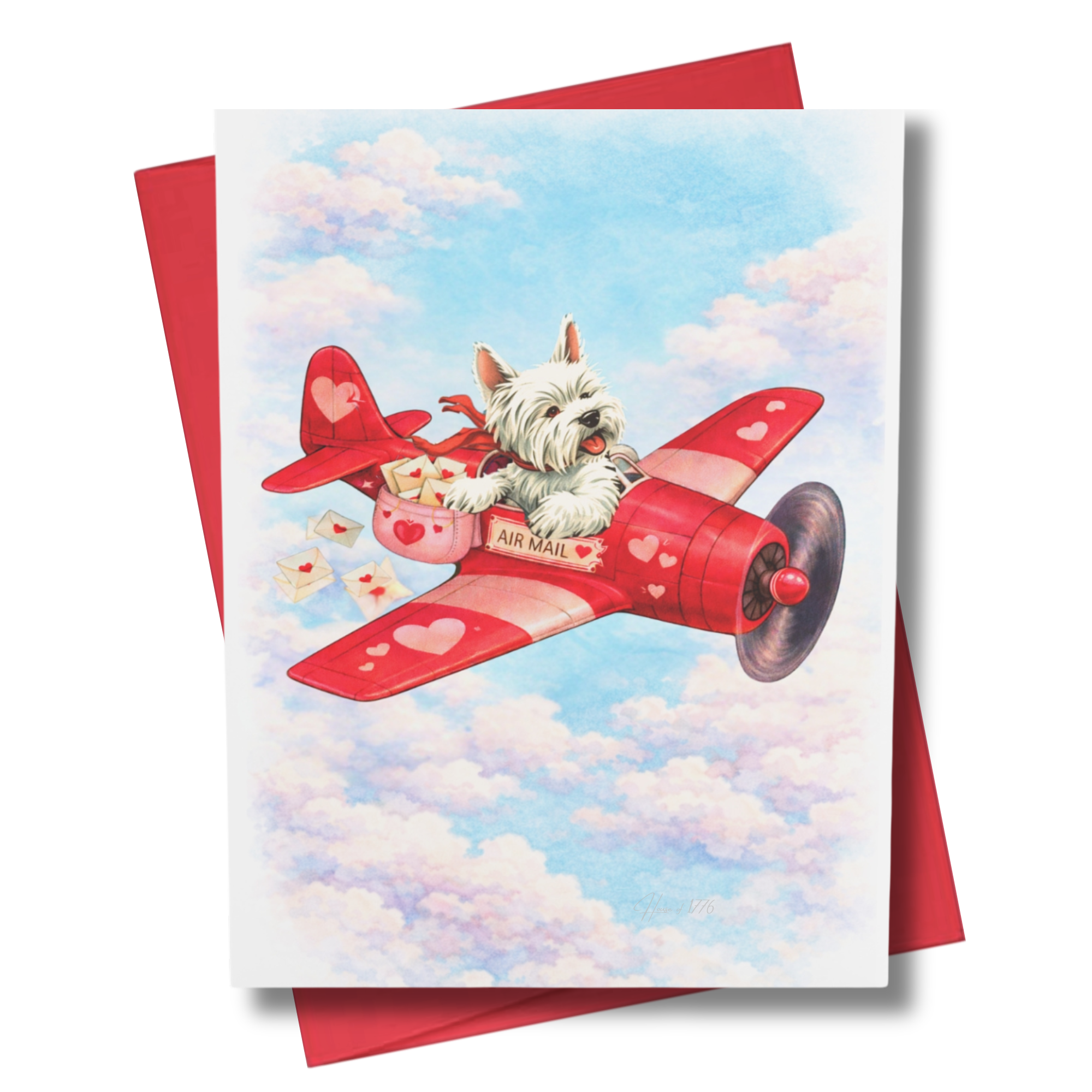 Greeting card with a westie dog in a red airplane against a blue sky with clouds.