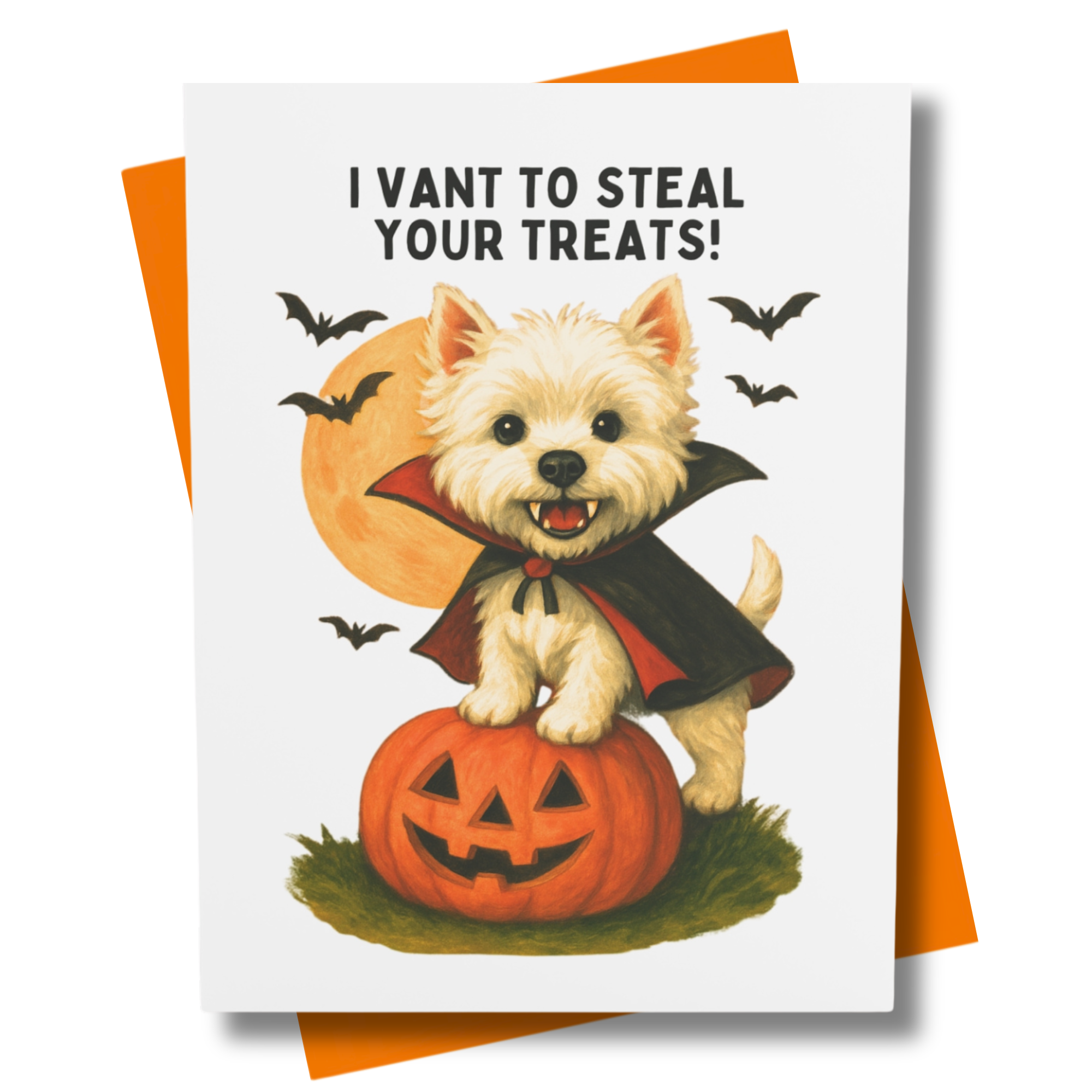 Retro-style greeting card features a Westie Dog dressed as a vampire, perched on a smiling jack-o’-lantern under a full moon.