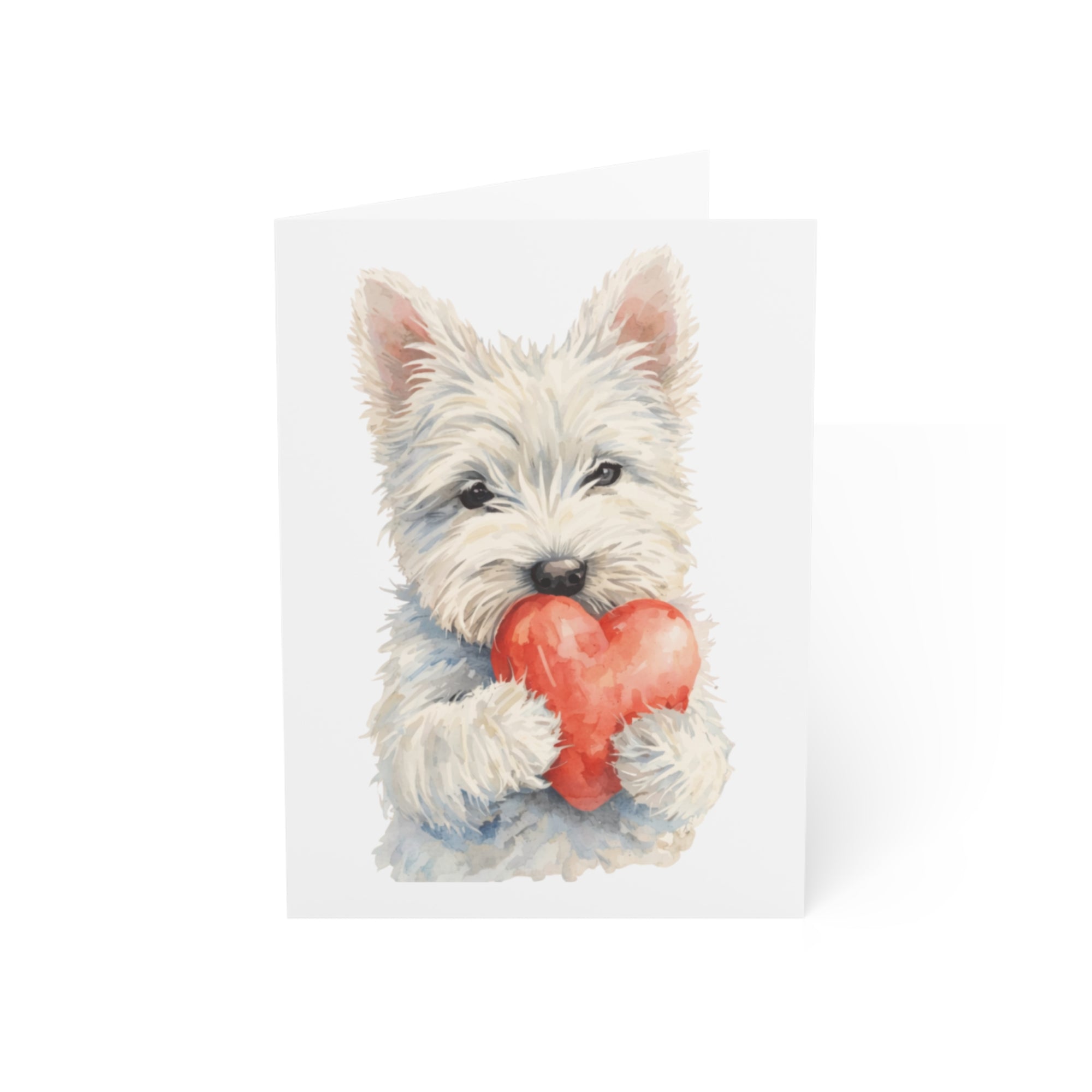 Illustration of a westie dog holding a red heart on a white background