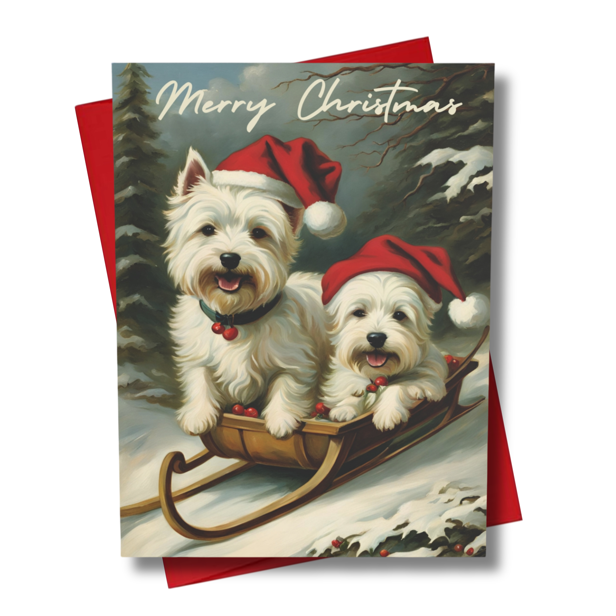 Christmas card with two westie dogs in Santa hats on a sleigh, set against a snowy landscape.