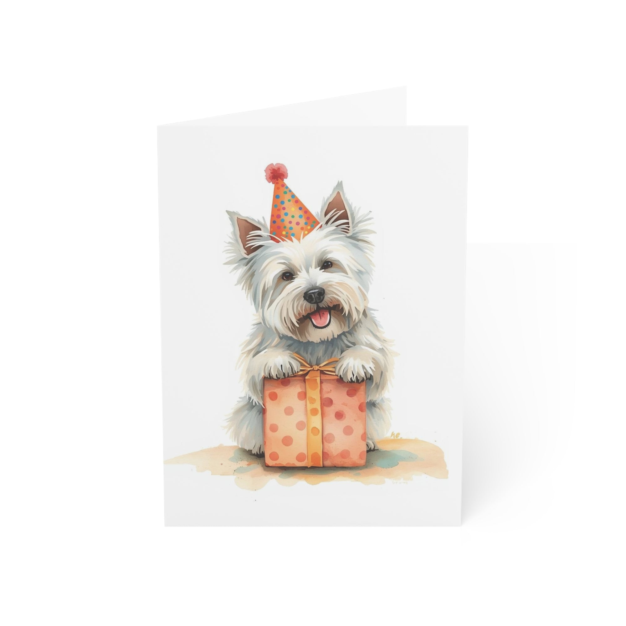 Birthday card featuring a westie dog wearing a party hat with a gift box on a white background