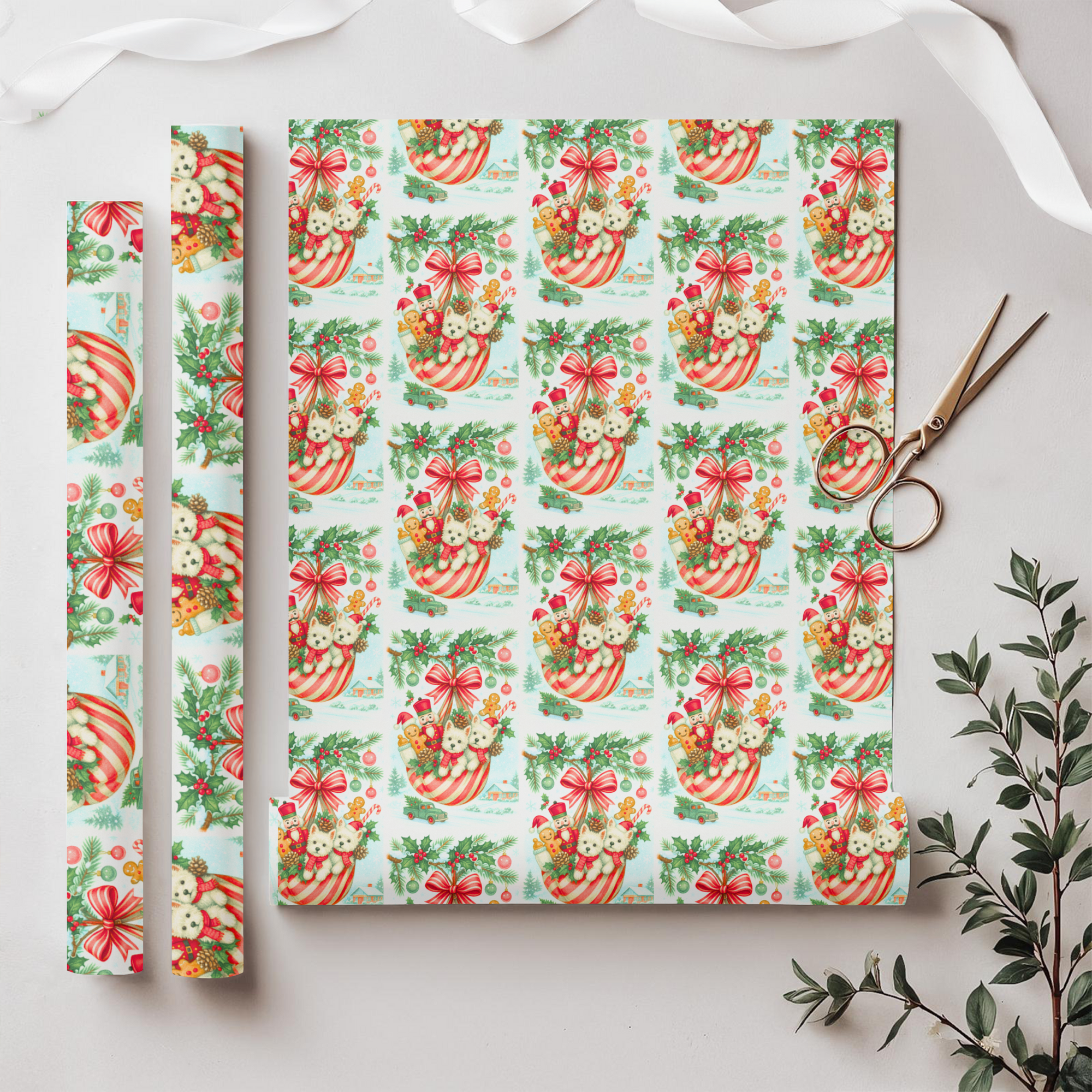 Christmas wrapping paper roll with westie puppies, nutcracker and gingerbread