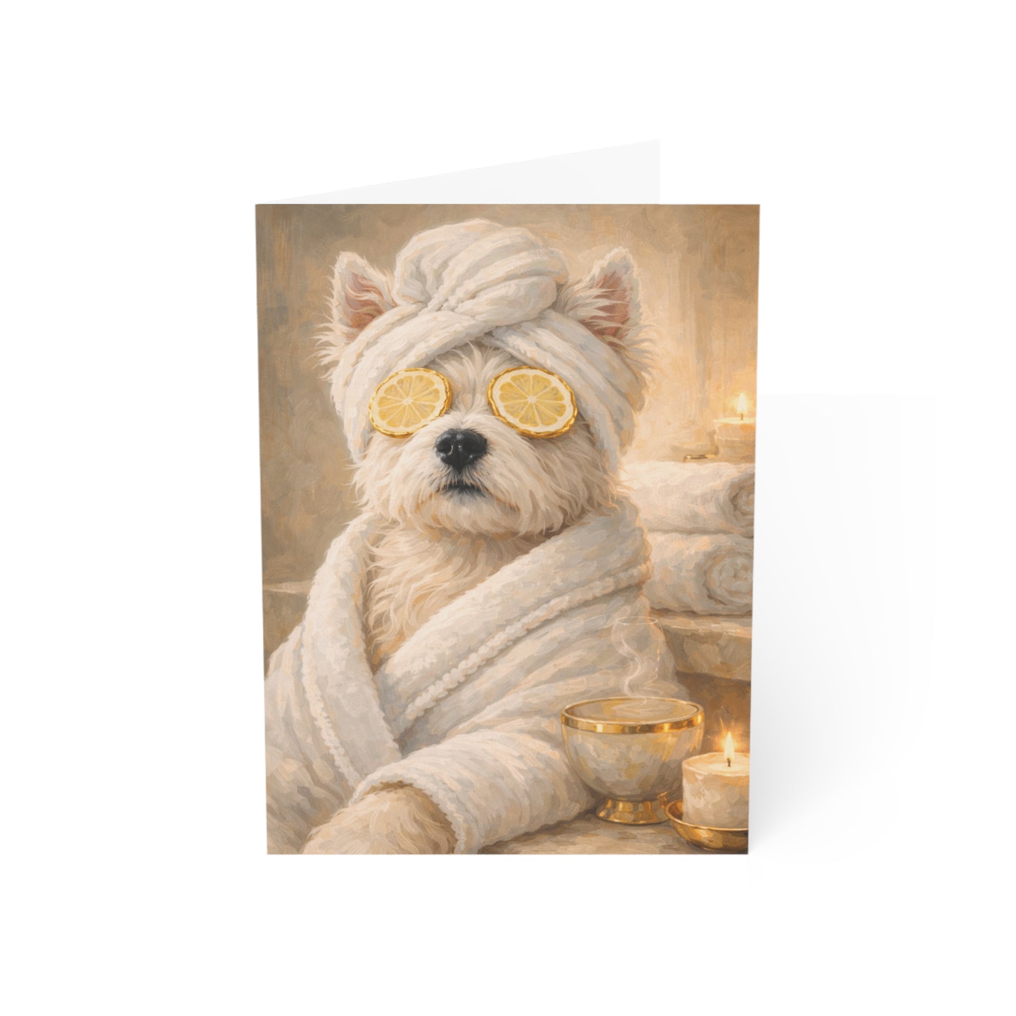 West Highland Terrier in a robe with lemon slices on eyes and candles in the background