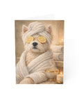 West Highland Terrier in a robe with lemon slices on eyes and candles in the background