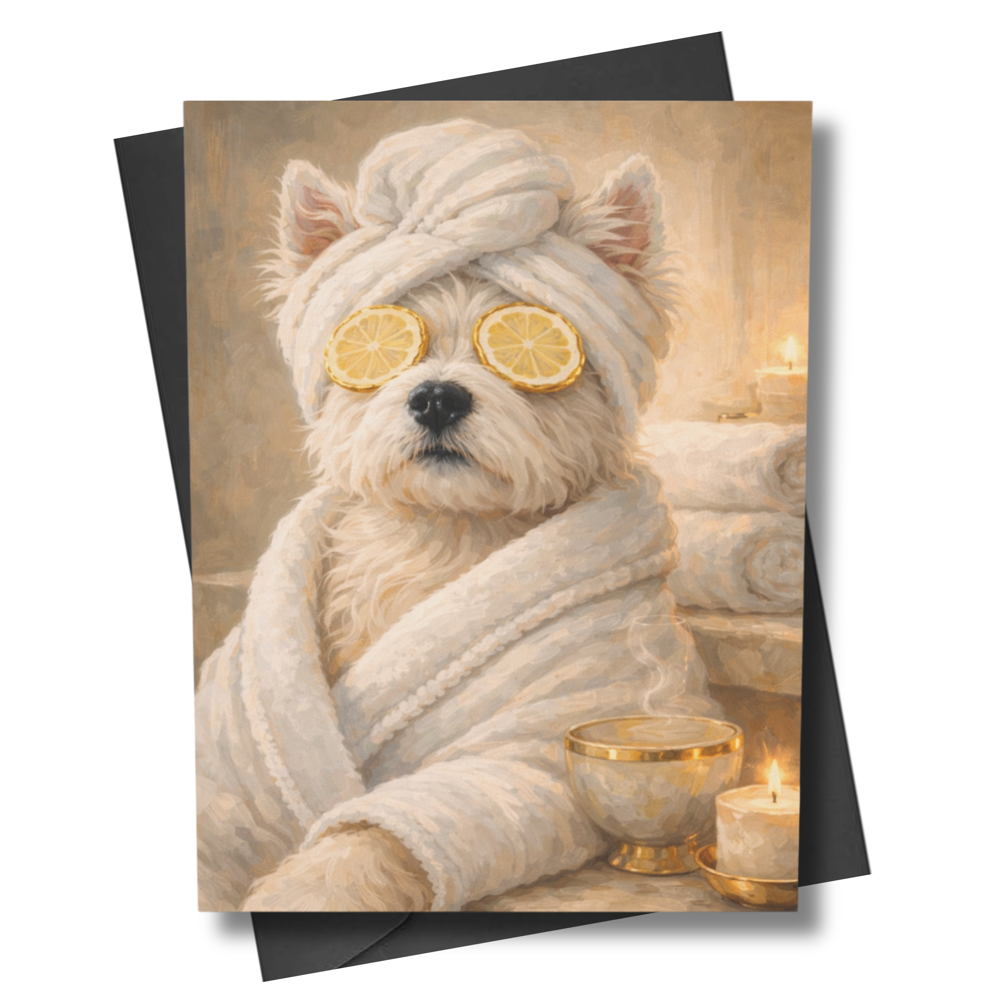 Westie in a bathrobe with lemon slices on eyes, candles, and towels in the background
