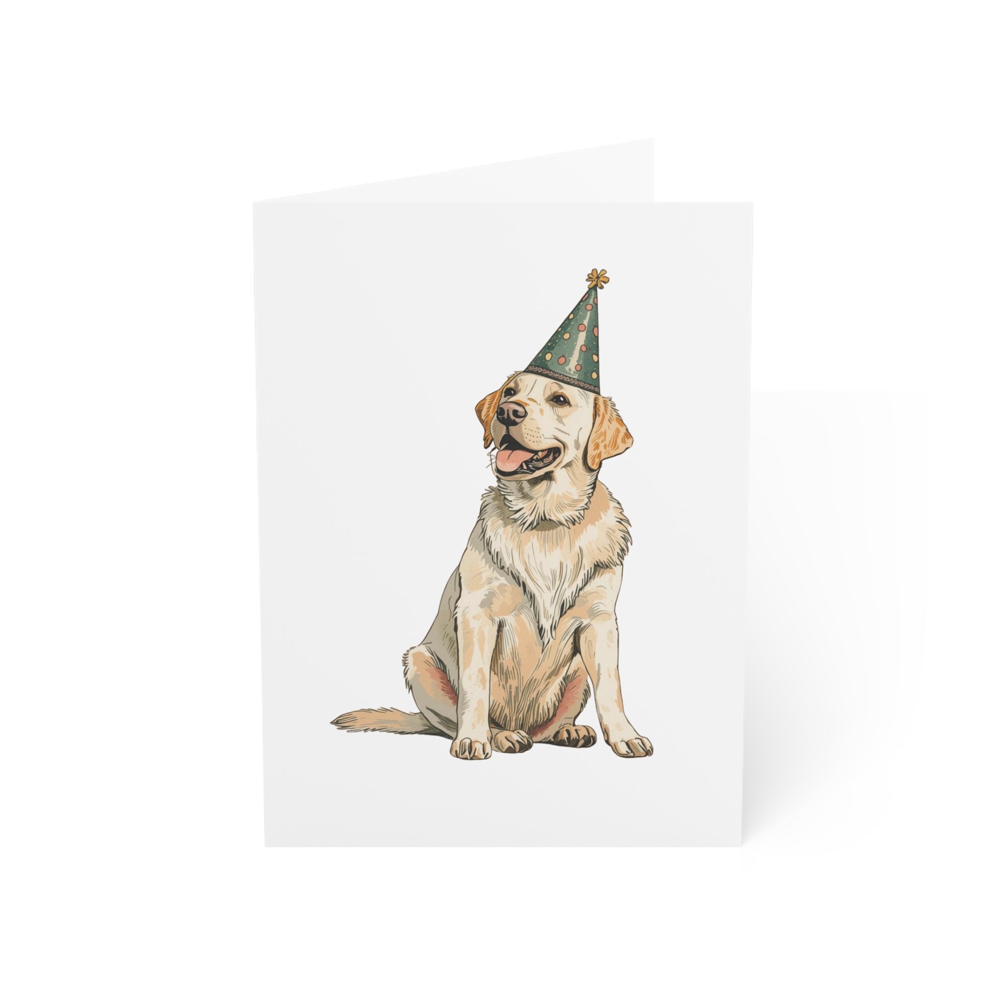 Illustration of a White Labrador dog wearing a party hat on a white background