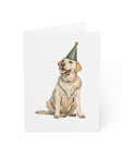 Illustration of a White Labrador dog wearing a party hat on a white background