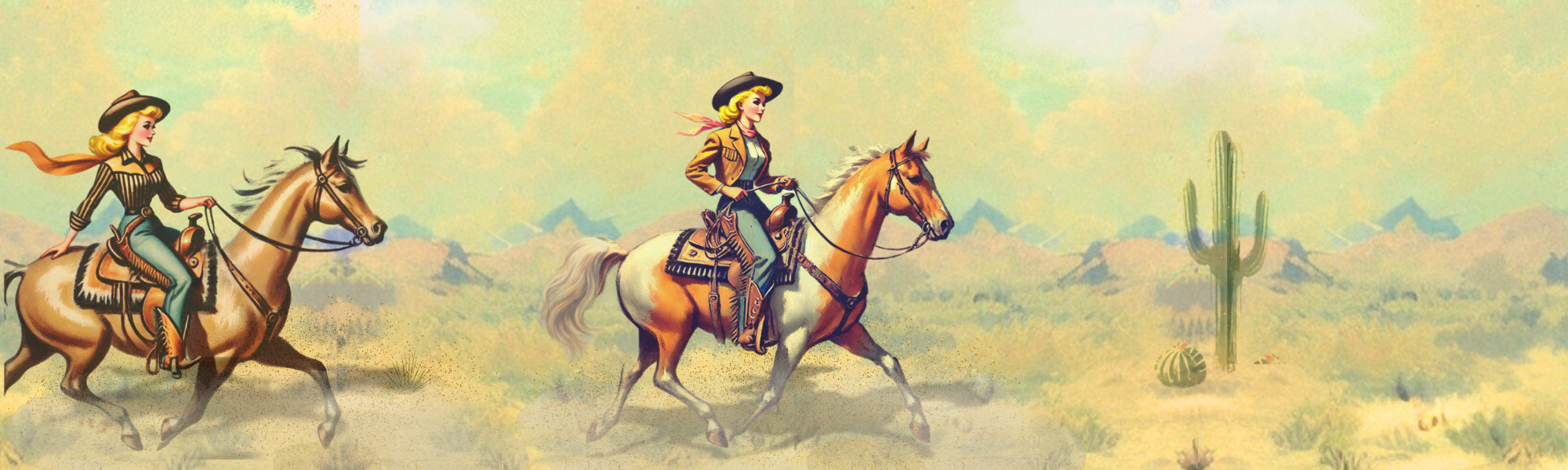 Vintage image of two cowgirls on horseback galloping through the American West.