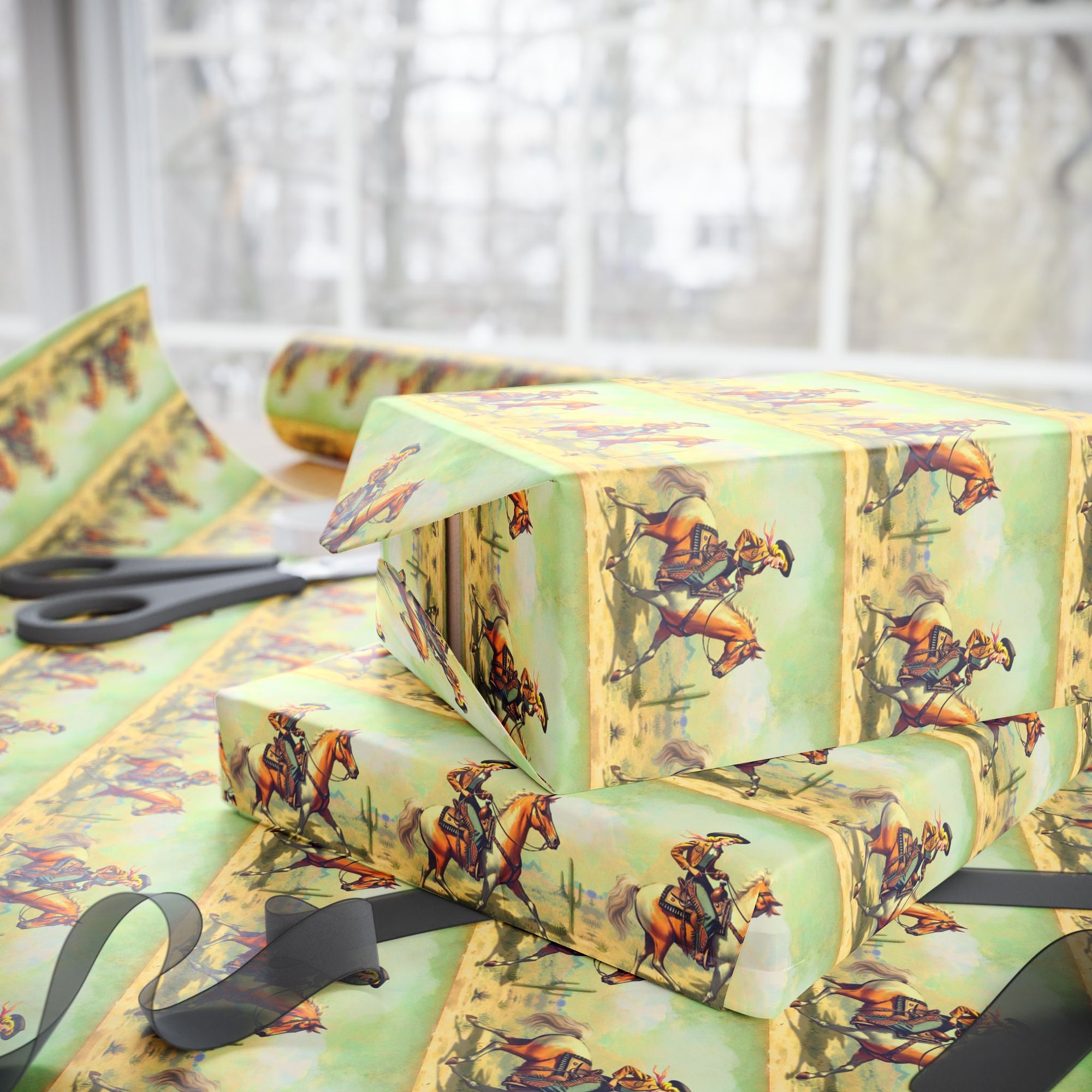 Stack of wrapped presents with cowgirl themed wrapping paper on a table.