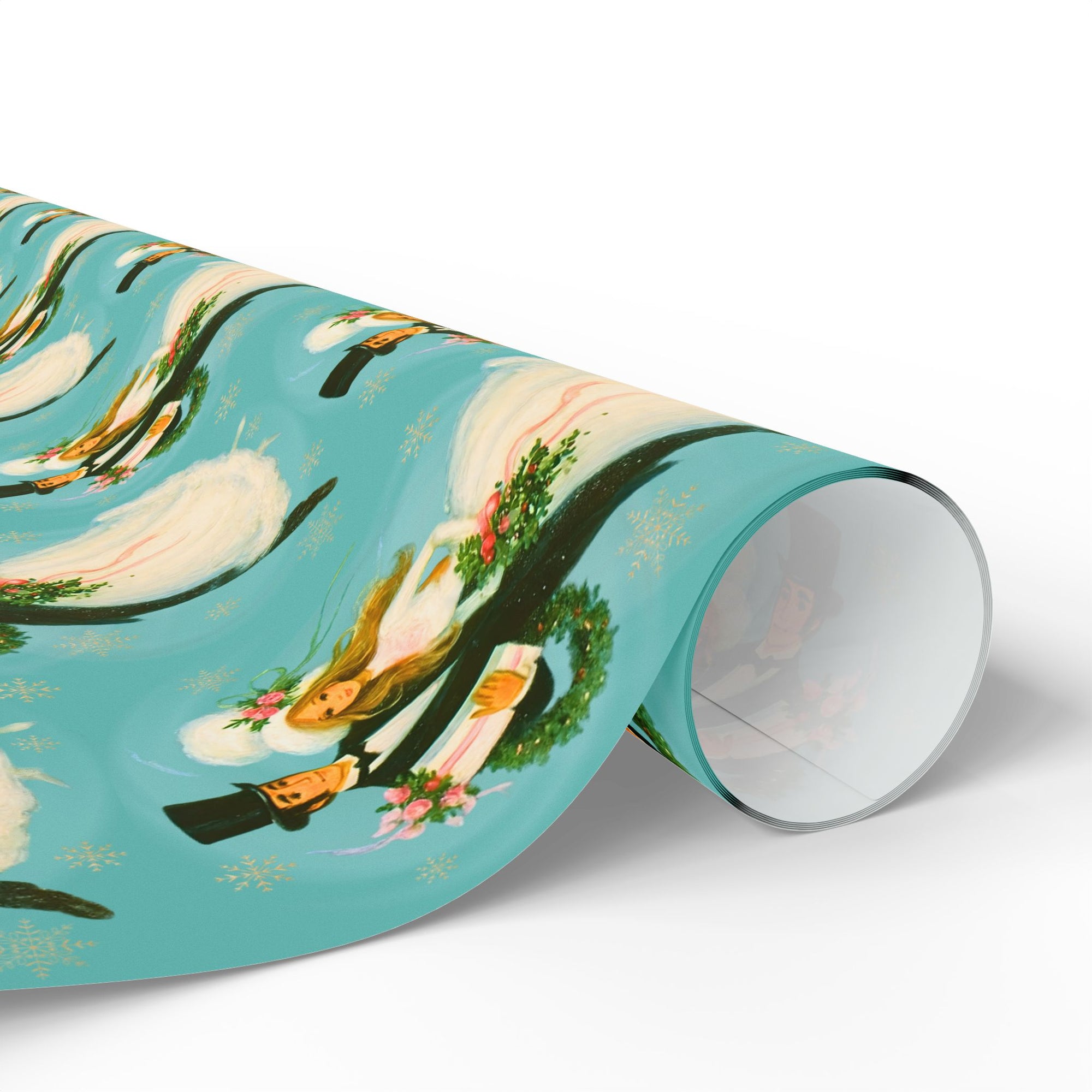 1960s inspirited wrapping paper roll featuring a retro bride and groom in winter wedding wear on a turquoise background